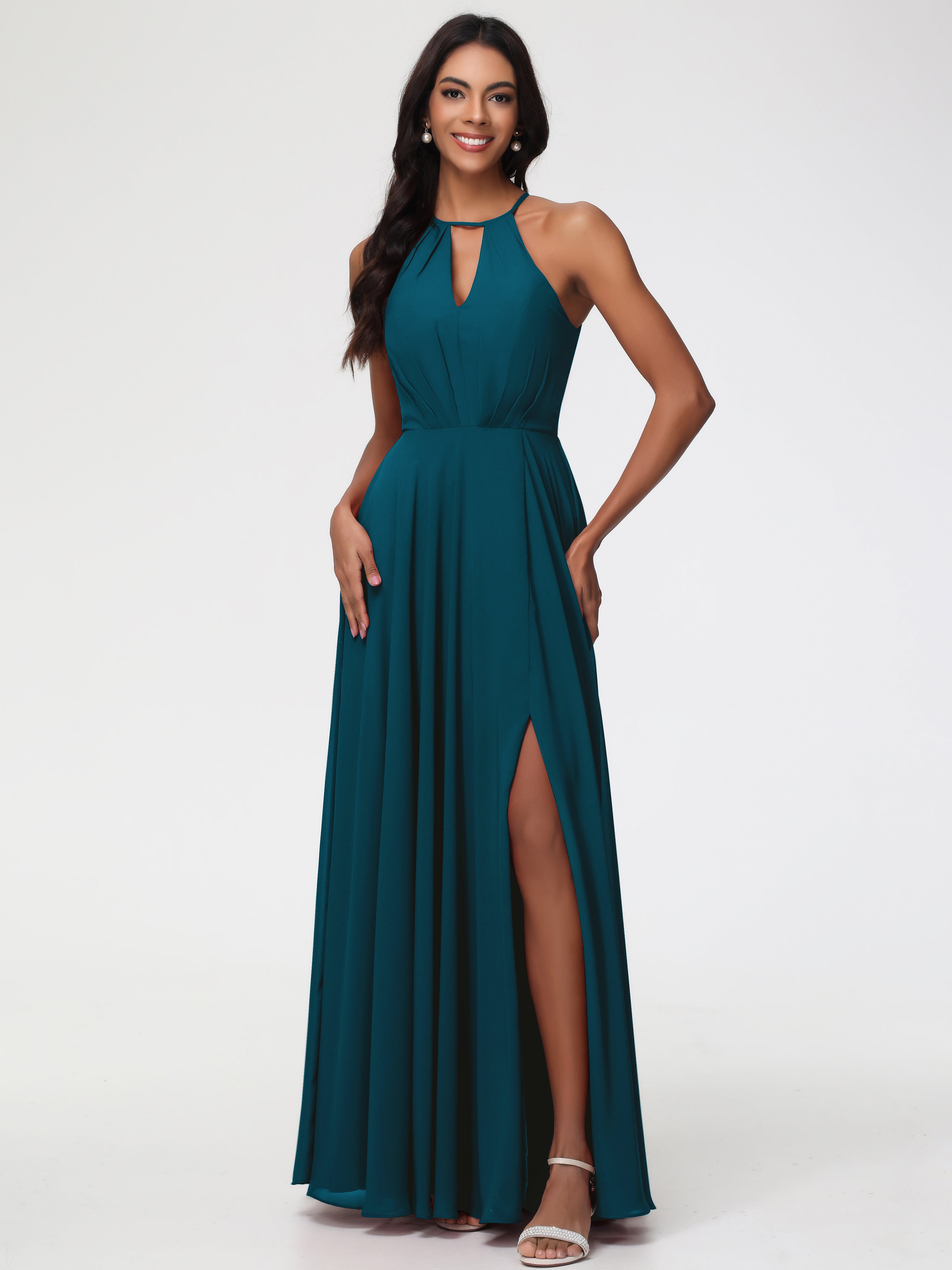 Halter A-Line Sleeveless Floor-Length Split Chiffon Bridesmaid Dresses