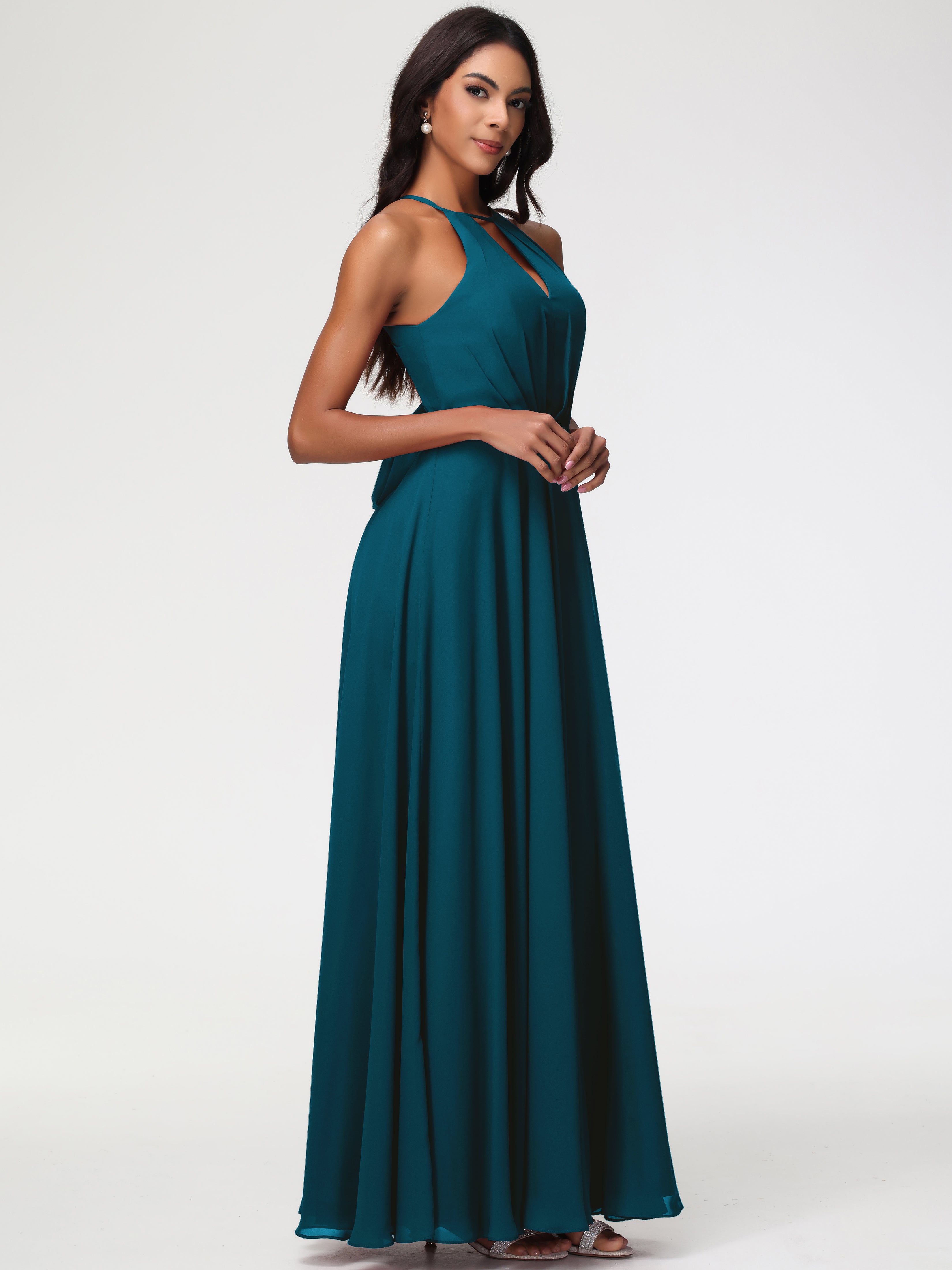 Halter A-Line Sleeveless Floor-Length Split Chiffon Bridesmaid Dresses