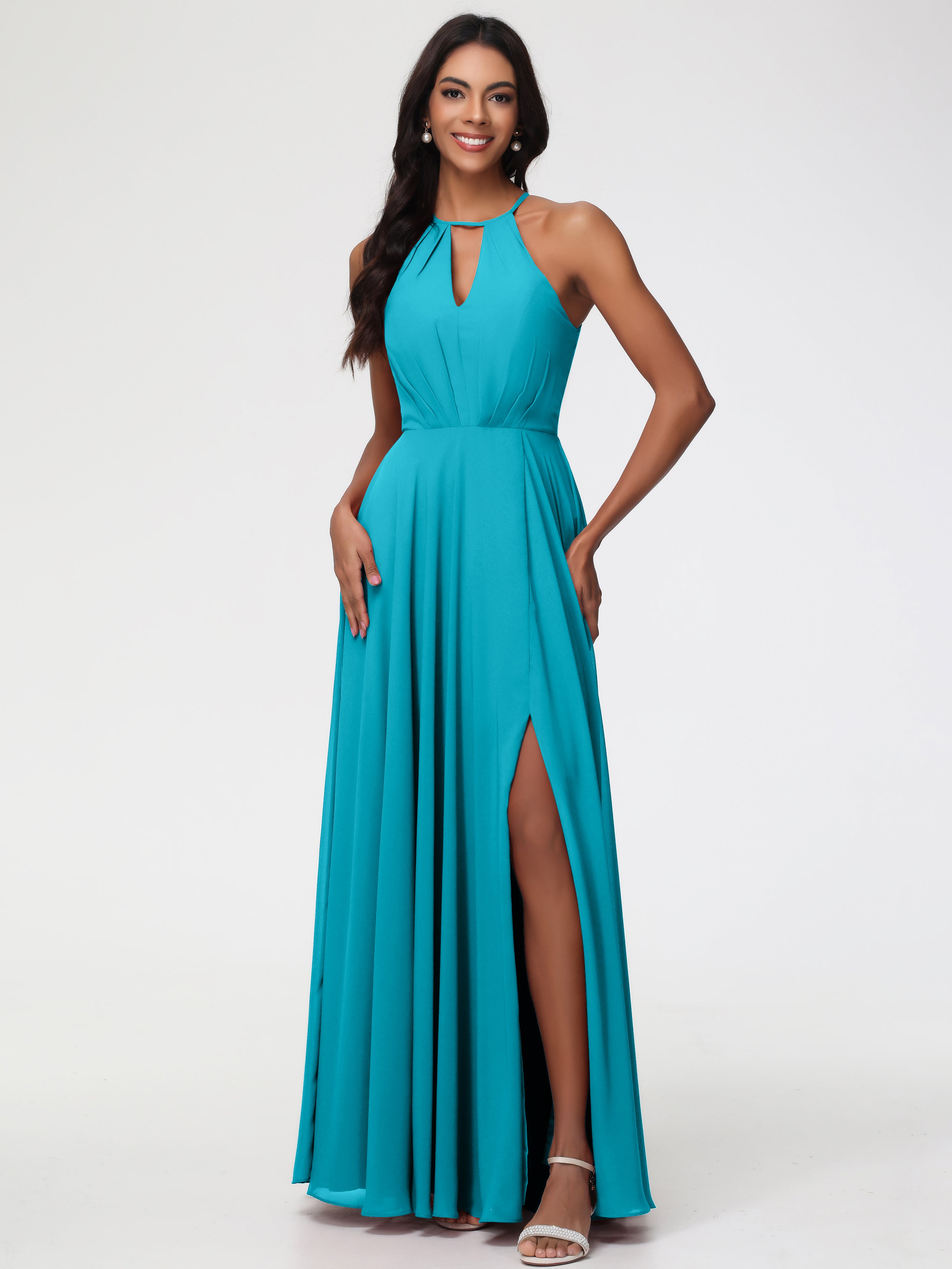 Halter A-Line Sleeveless Floor-Length Split Chiffon Bridesmaid Dresses