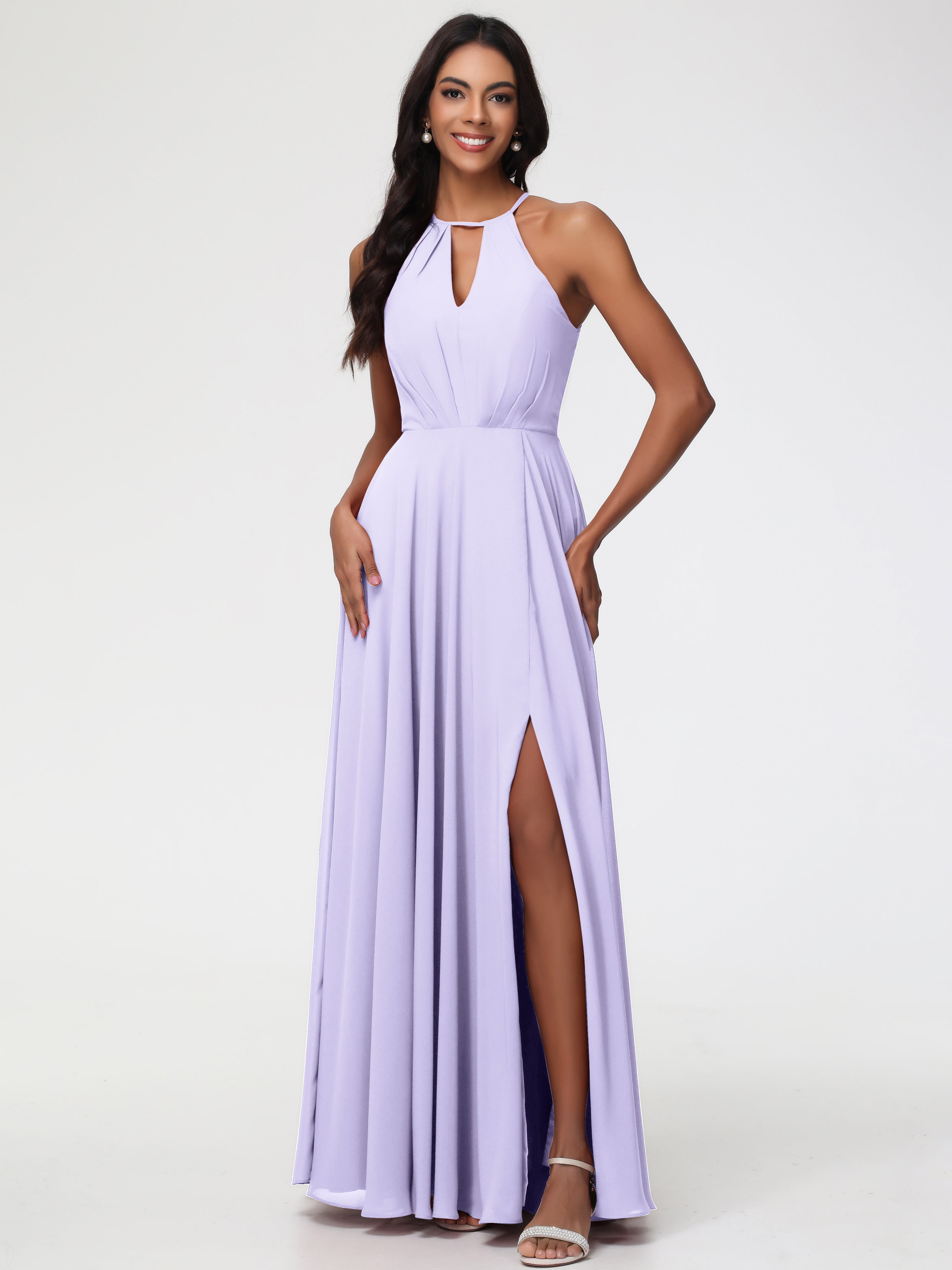 Halter A-Line Sleeveless Floor-Length Split Chiffon Bridesmaid Dresses