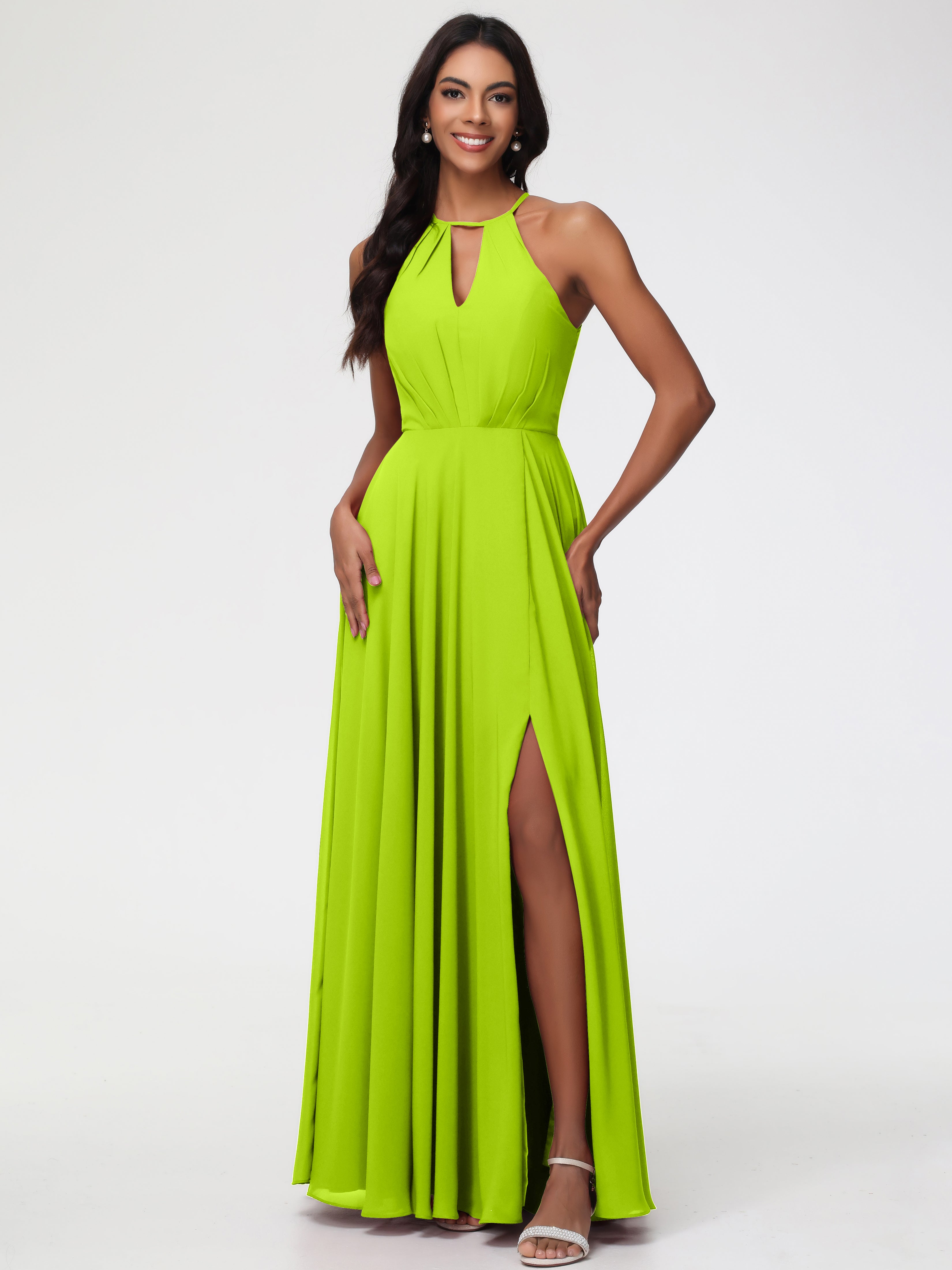Halter A-Line Sleeveless Floor-Length Split Chiffon Bridesmaid Dresses