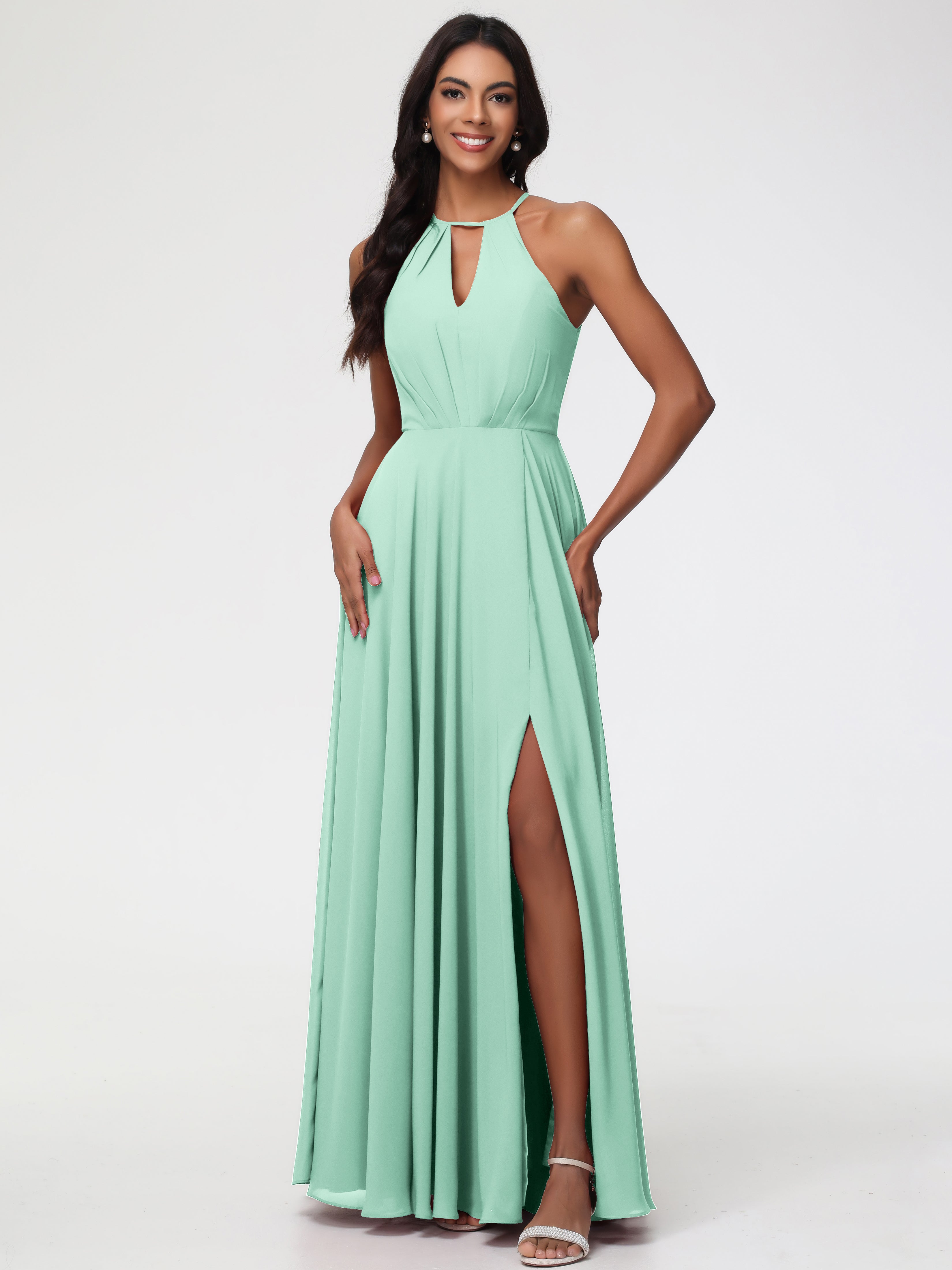 Halter A-Line Sleeveless Floor-Length Split Chiffon Bridesmaid Dresses