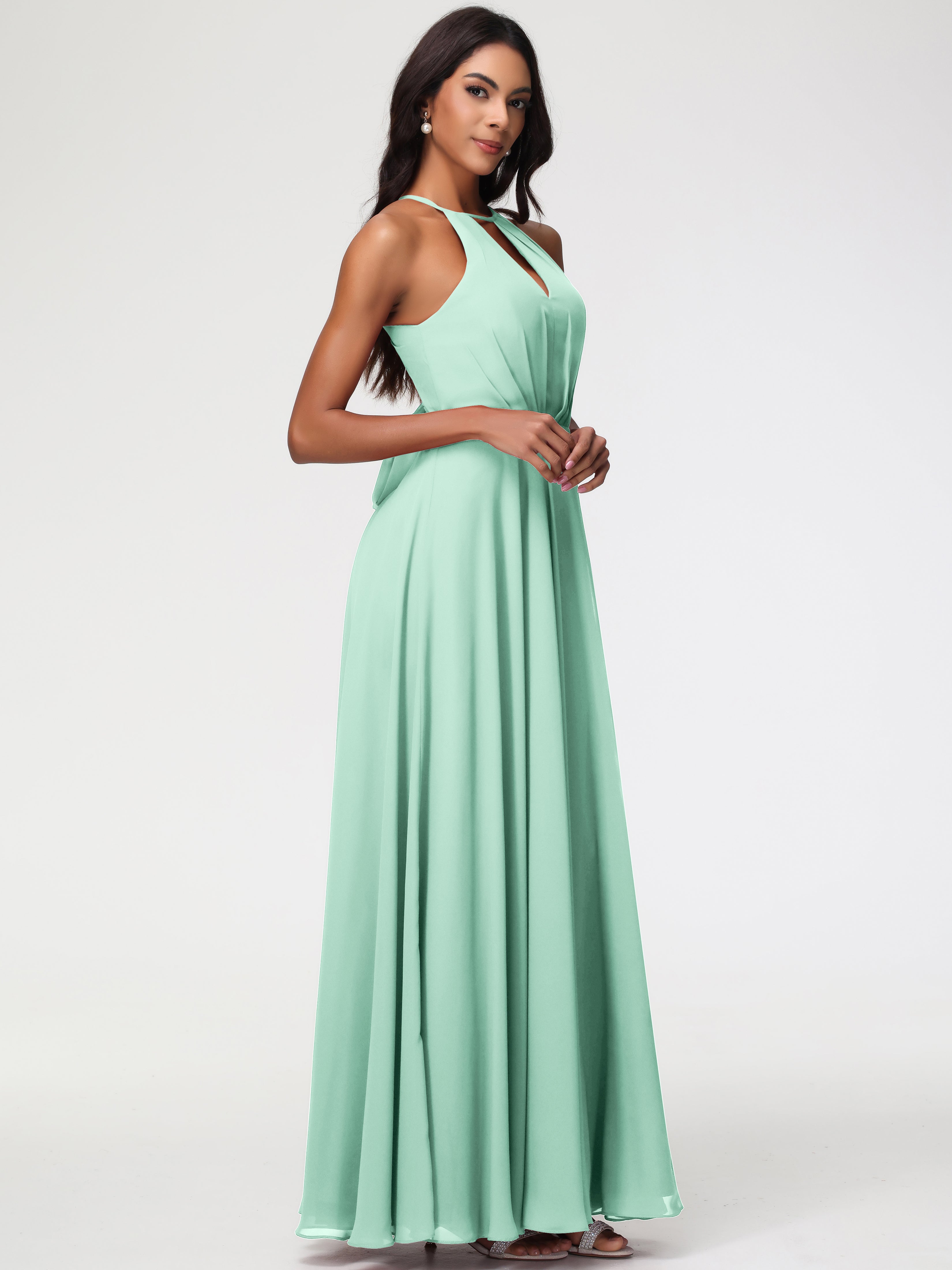Halter A-Line Sleeveless Floor-Length Split Chiffon Bridesmaid Dresses
