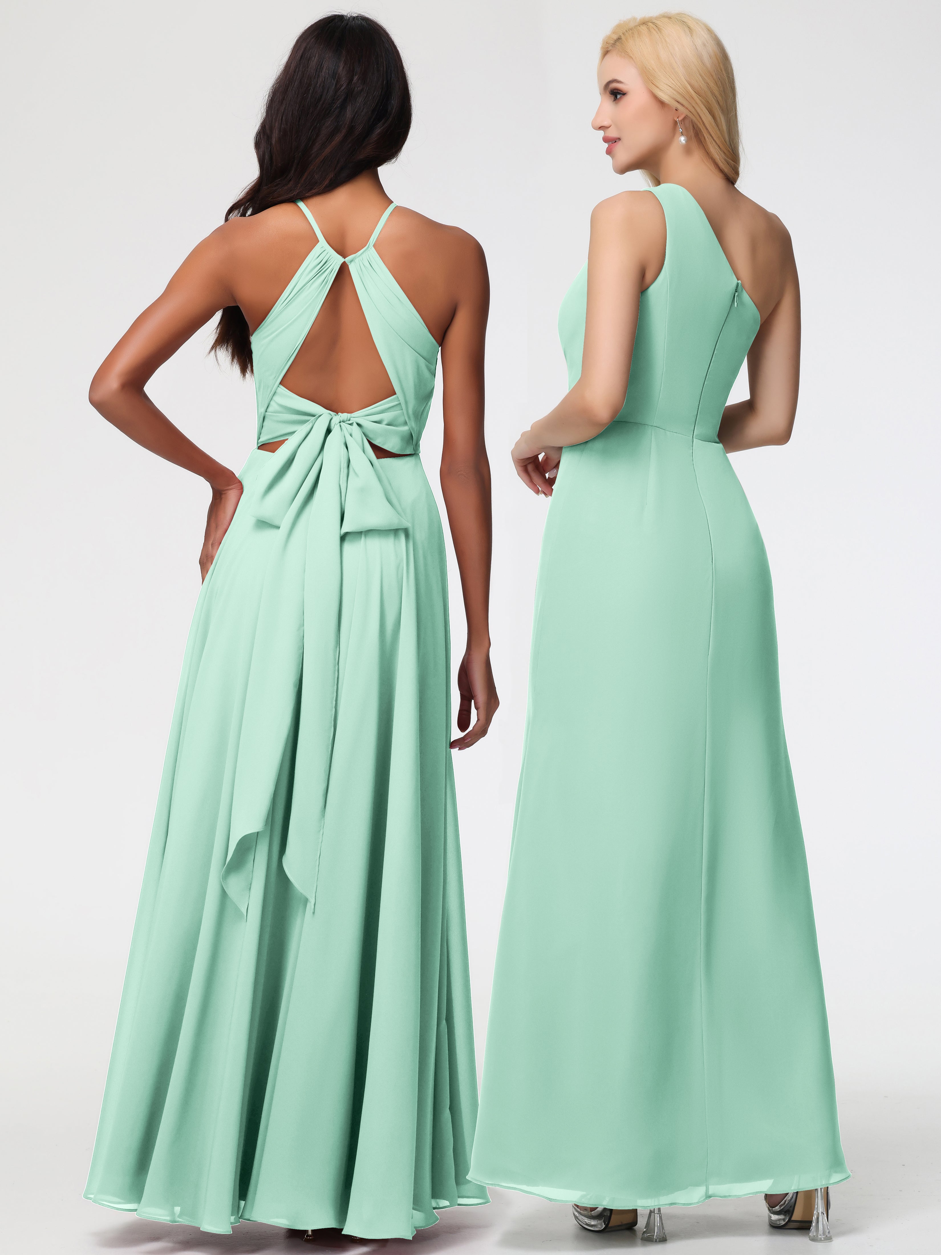 Halter A-Line Sleeveless Floor-Length Split Chiffon Bridesmaid Dresses
