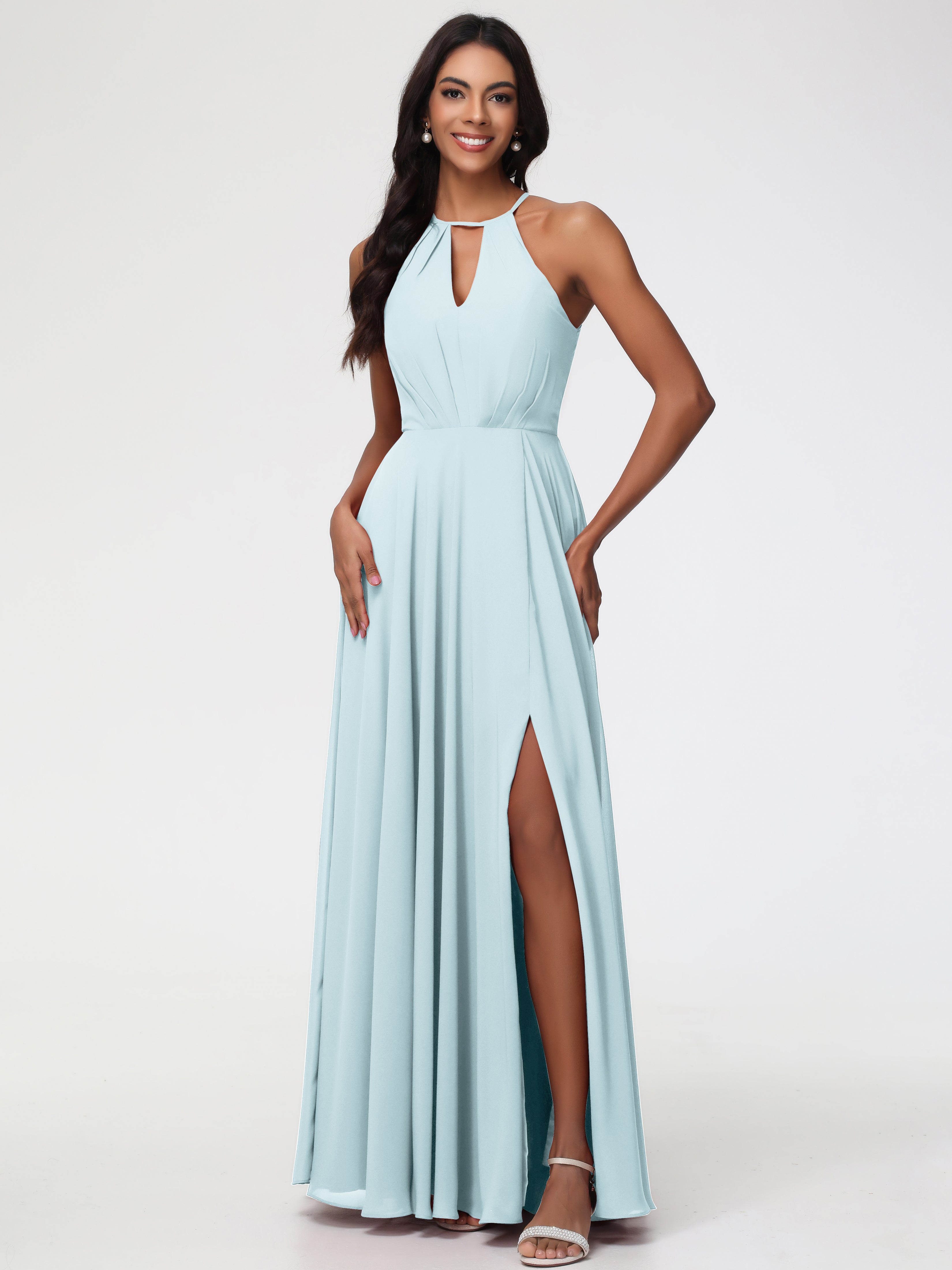 Halter A-Line Sleeveless Floor-Length Split Chiffon Bridesmaid Dresses