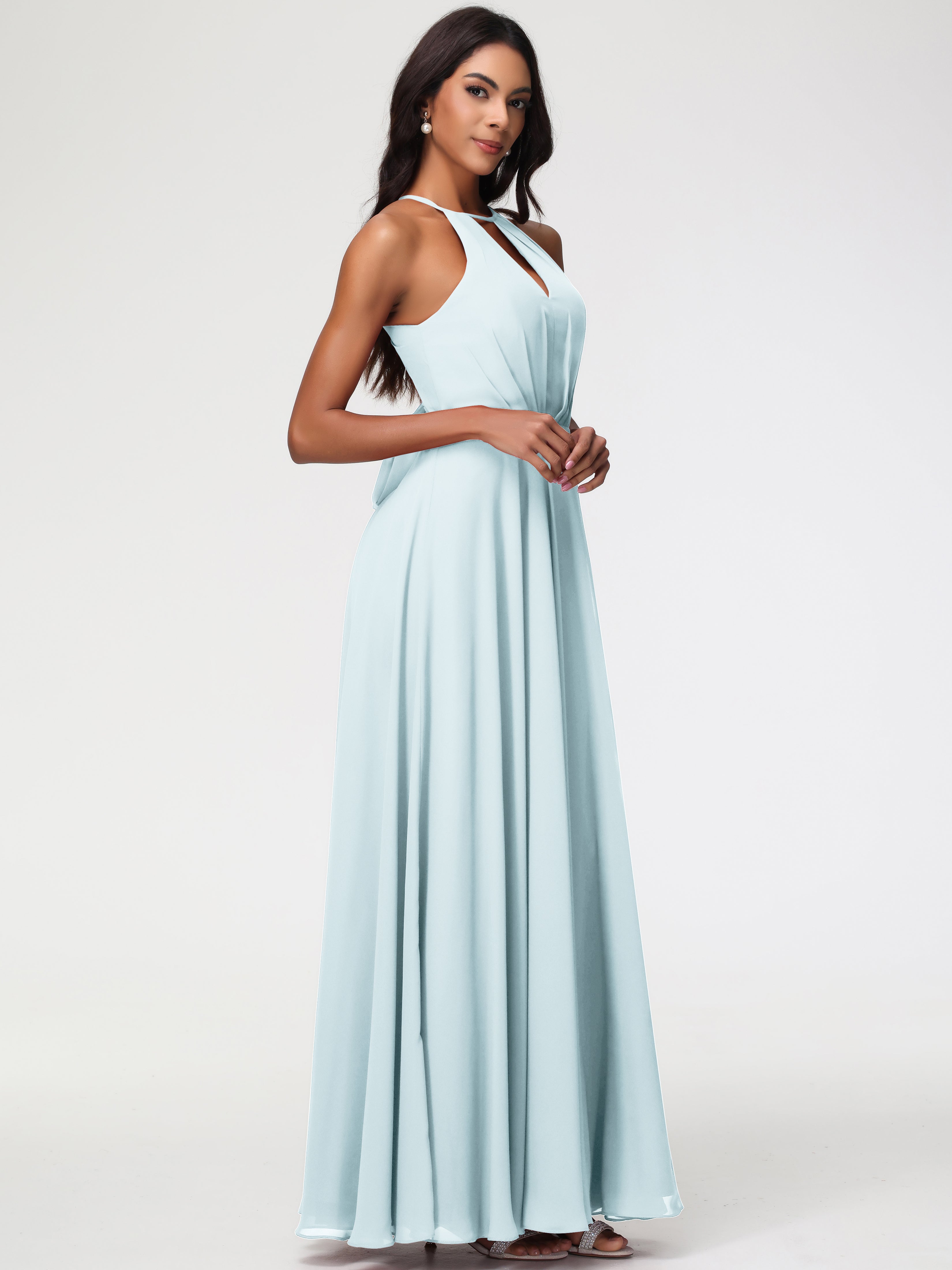 Halter A-Line Sleeveless Floor-Length Split Chiffon Bridesmaid Dresses