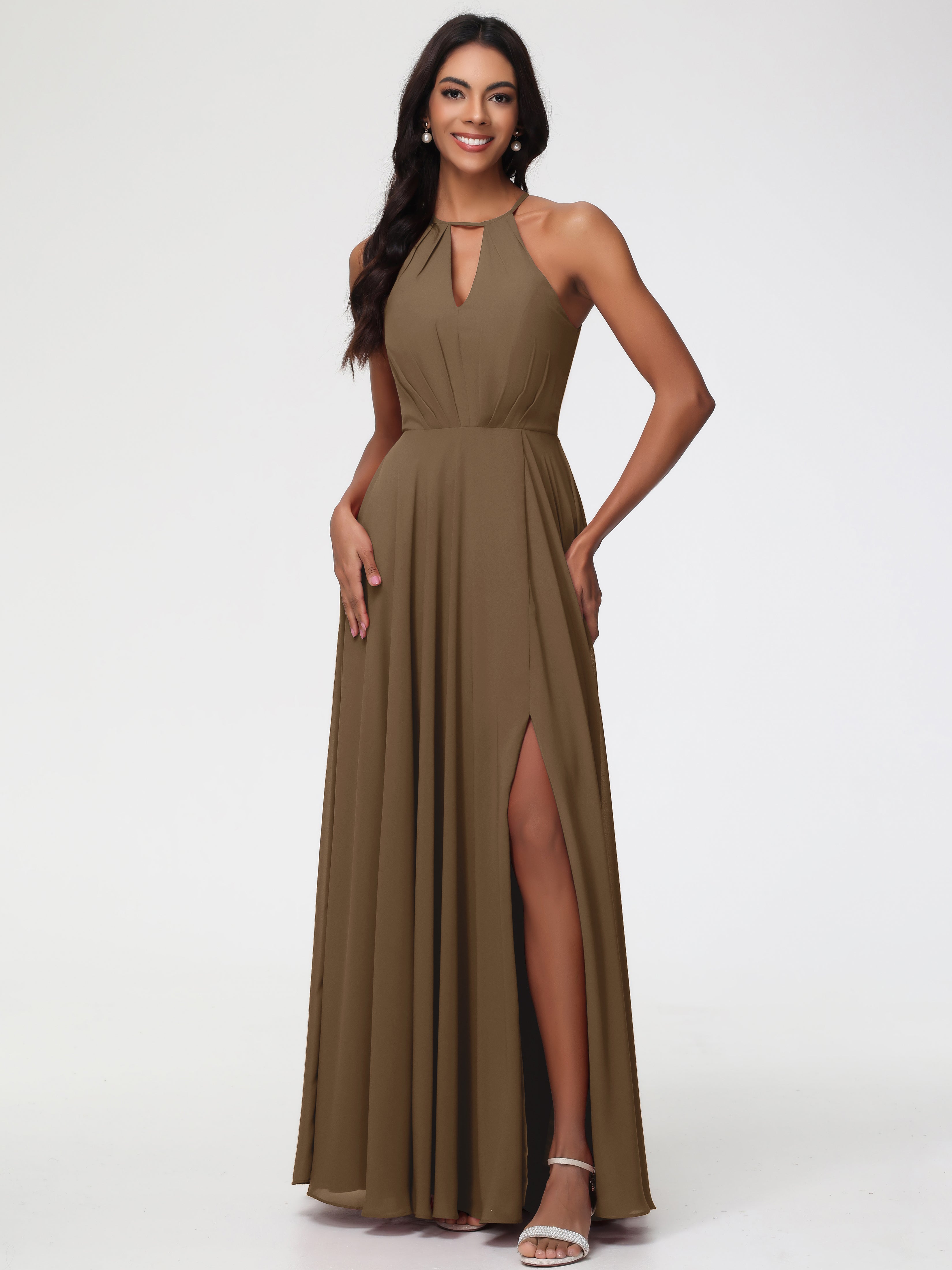 Halter A-Line Sleeveless Floor-Length Split Chiffon Bridesmaid Dresses
