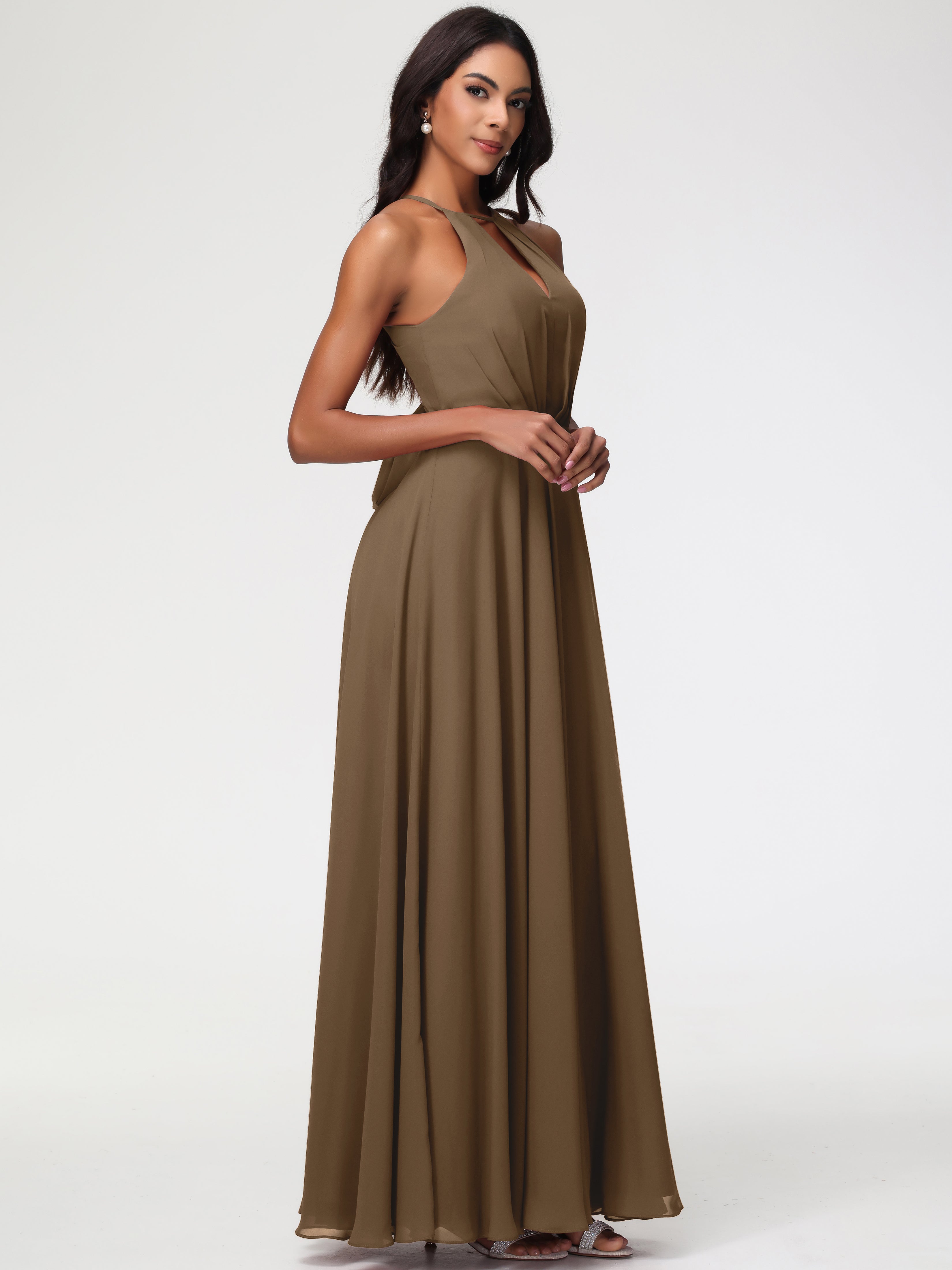 Halter A-Line Sleeveless Floor-Length Split Chiffon Bridesmaid Dresses