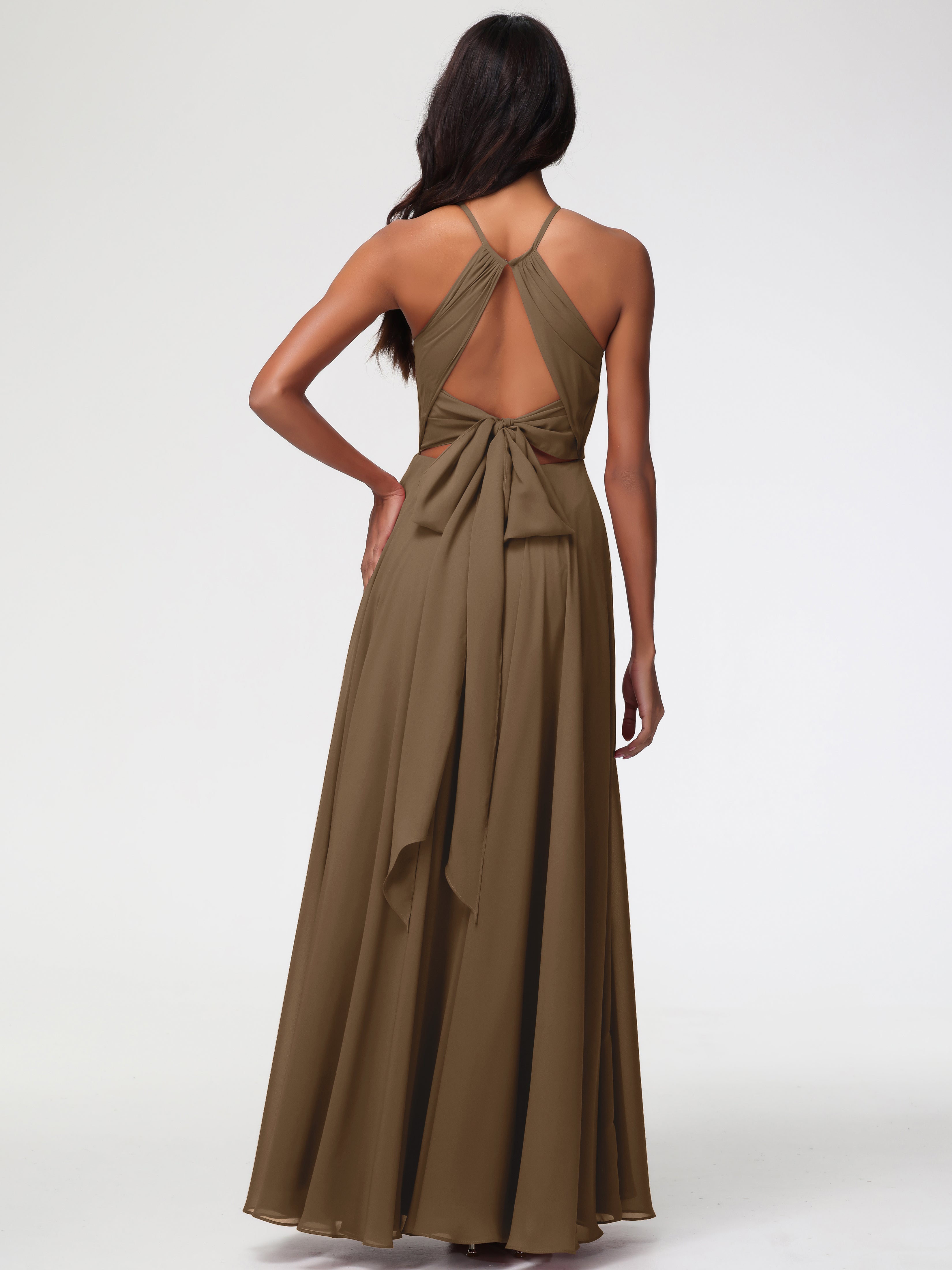 Halter A-Line Sleeveless Floor-Length Split Chiffon Bridesmaid Dresses