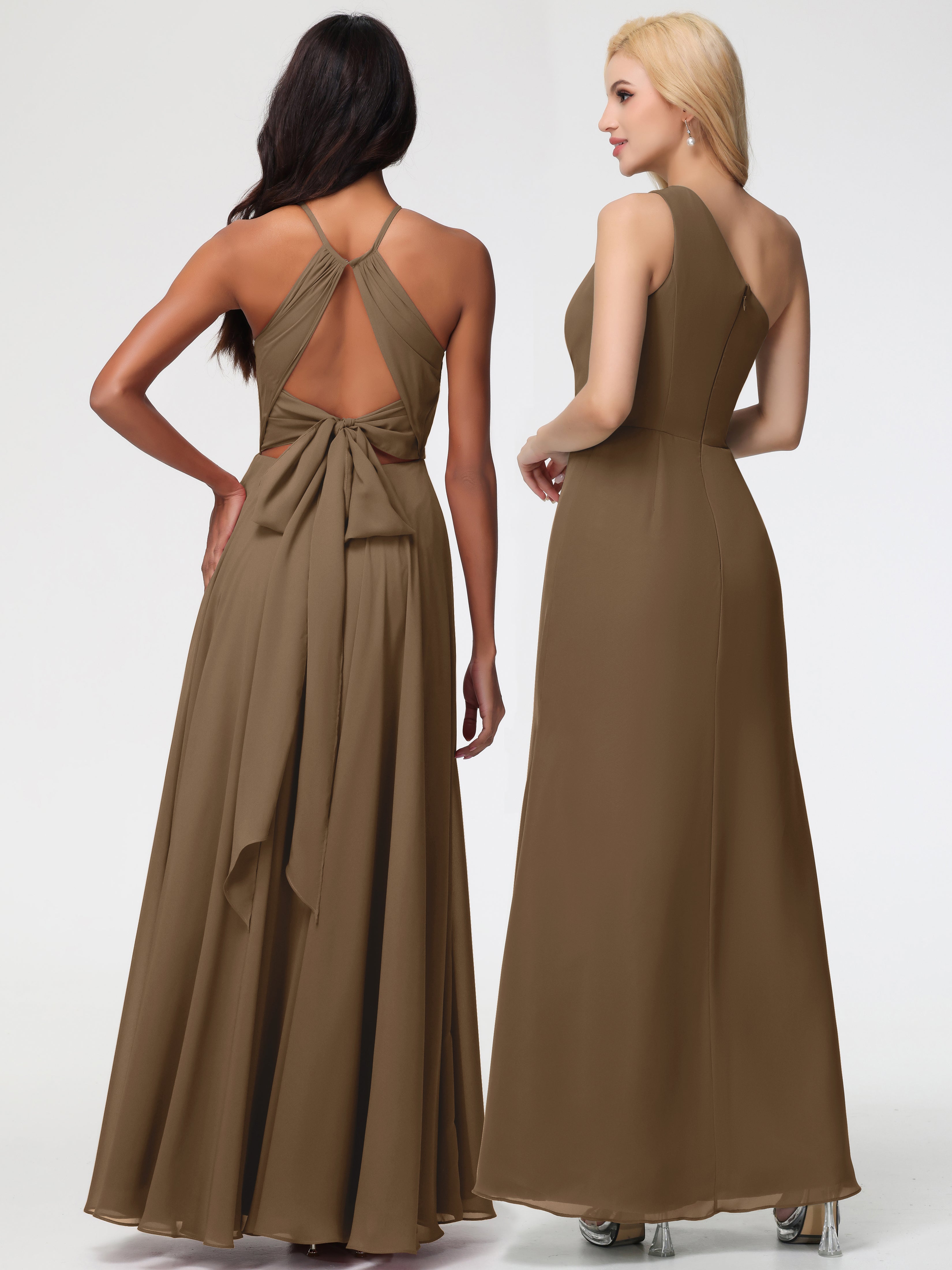 Halter A-Line Sleeveless Floor-Length Split Chiffon Bridesmaid Dresses