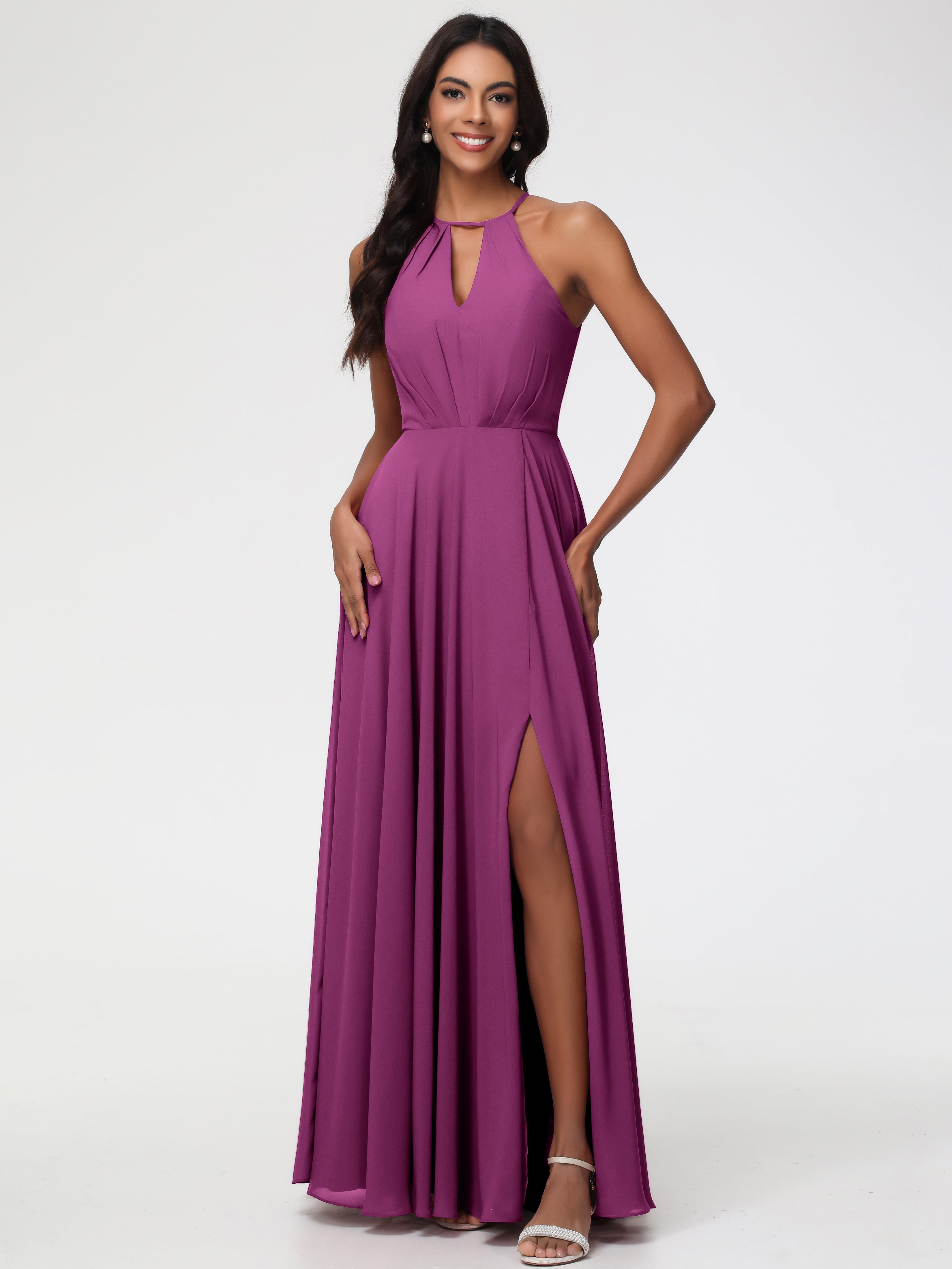 Halter A-Line Sleeveless Floor-Length Split Chiffon Bridesmaid Dresses (Copy)