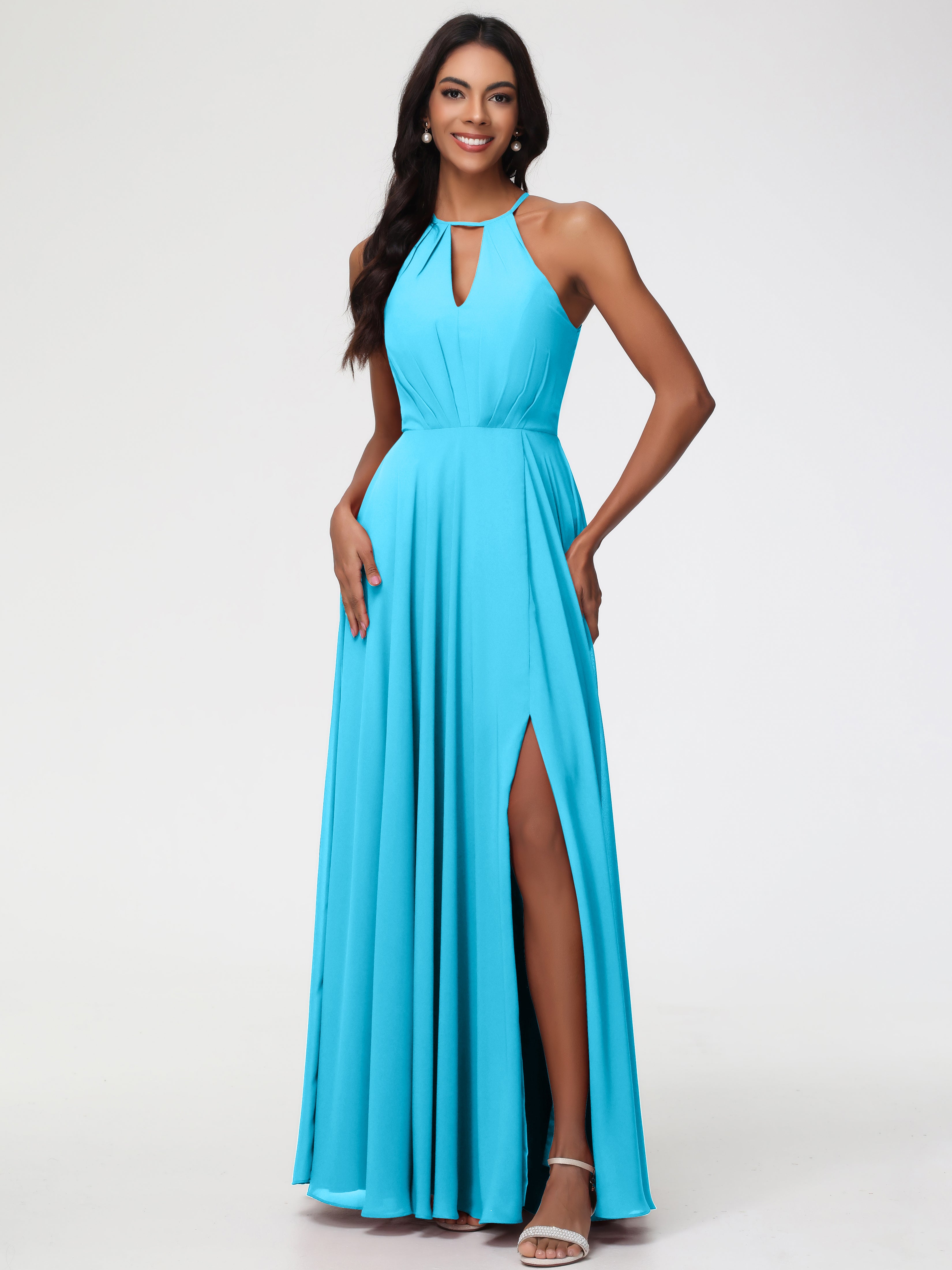 Halter A-Line Sleeveless Floor-Length Split Chiffon Bridesmaid Dresses (Copy)