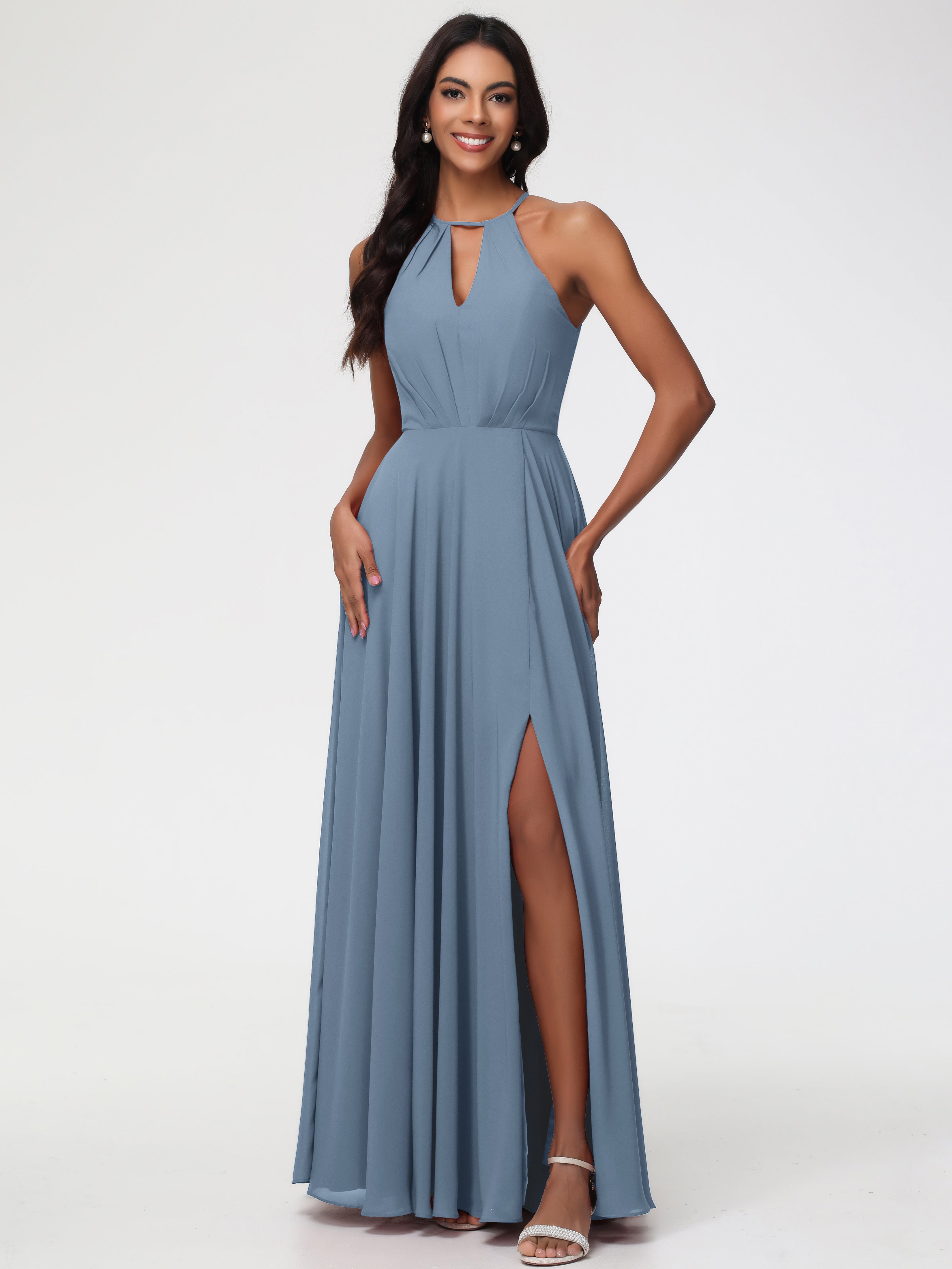 Halter A-Line Sleeveless Floor-Length Split Chiffon Bridesmaid Dresses (Copy)