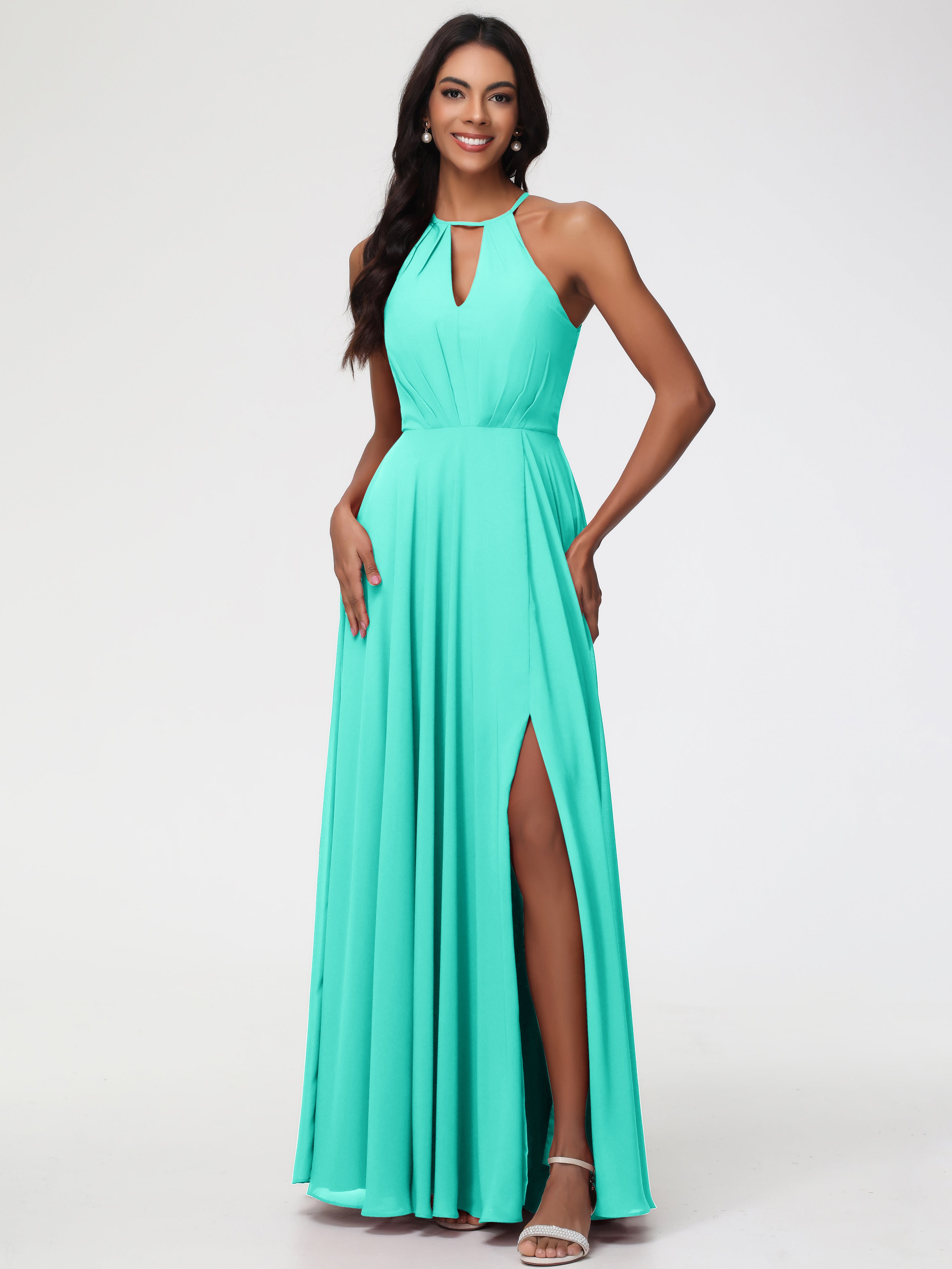 Halter A-Line Sleeveless Floor-Length Split Chiffon Bridesmaid Dresses (Copy)
