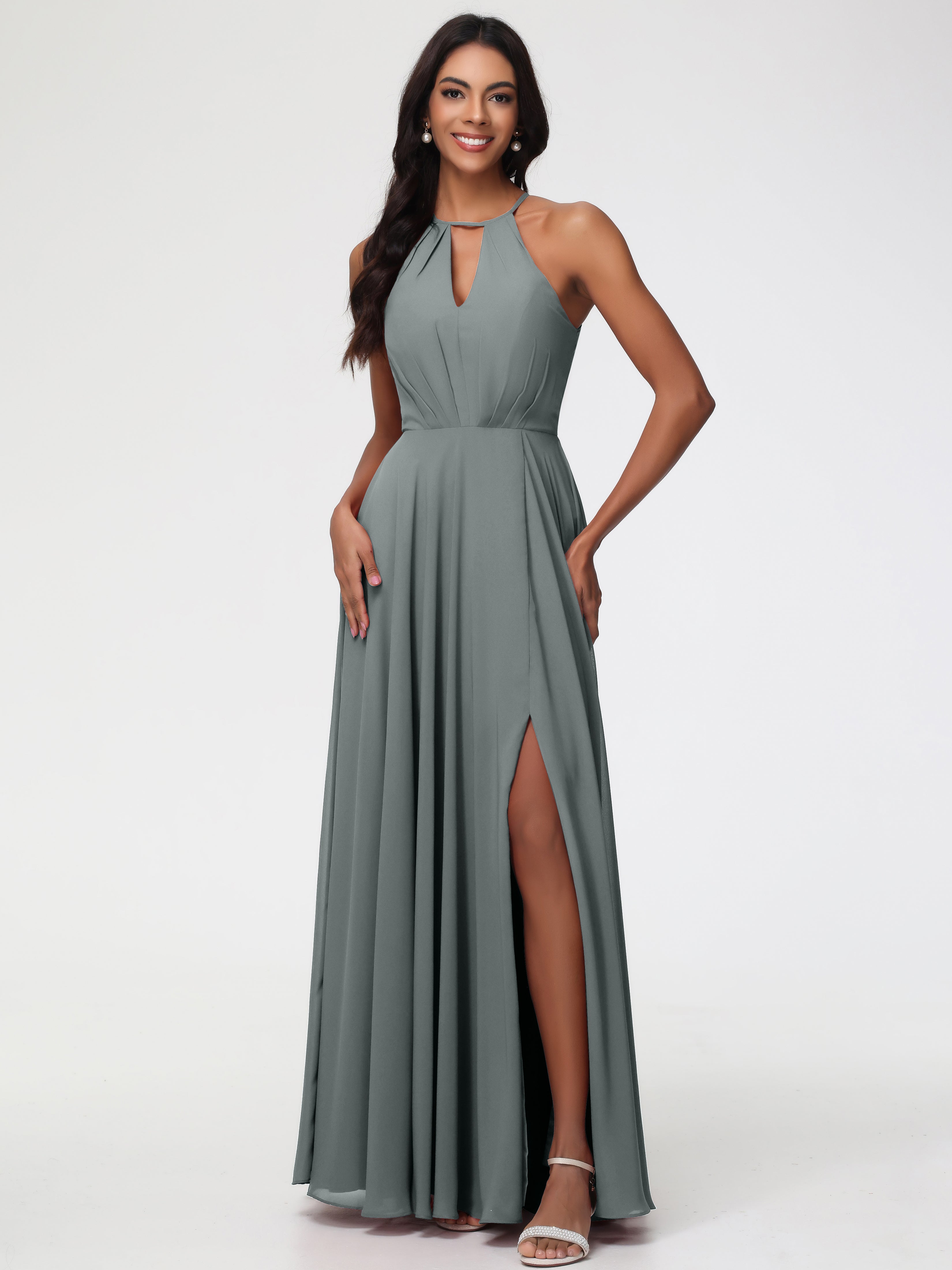 Halter A-Line Sleeveless Floor-Length Split Chiffon Bridesmaid Dresses (Copy)