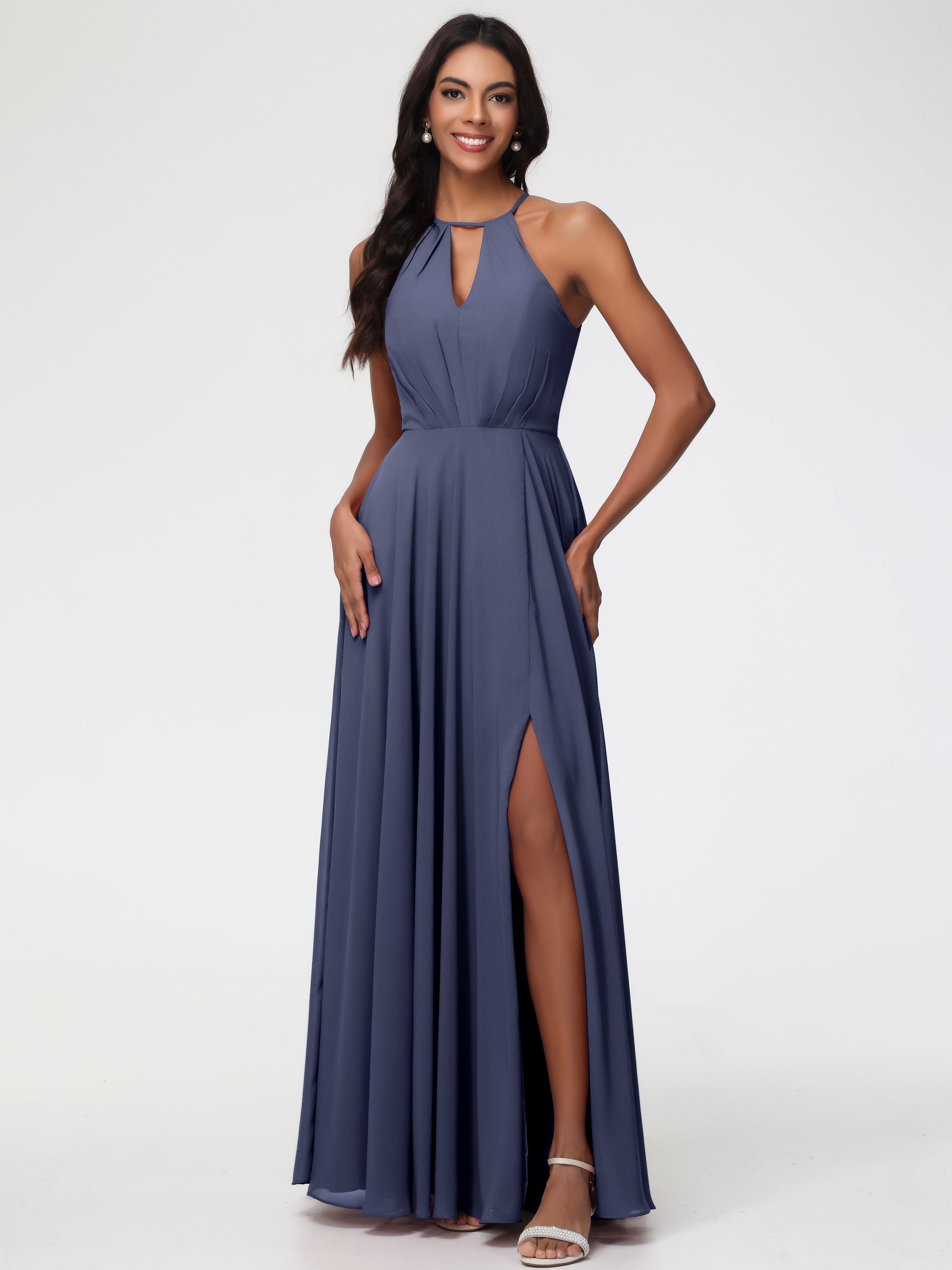 Halter A-Line Sleeveless Floor-Length Split Chiffon Bridesmaid Dresses (Copy)