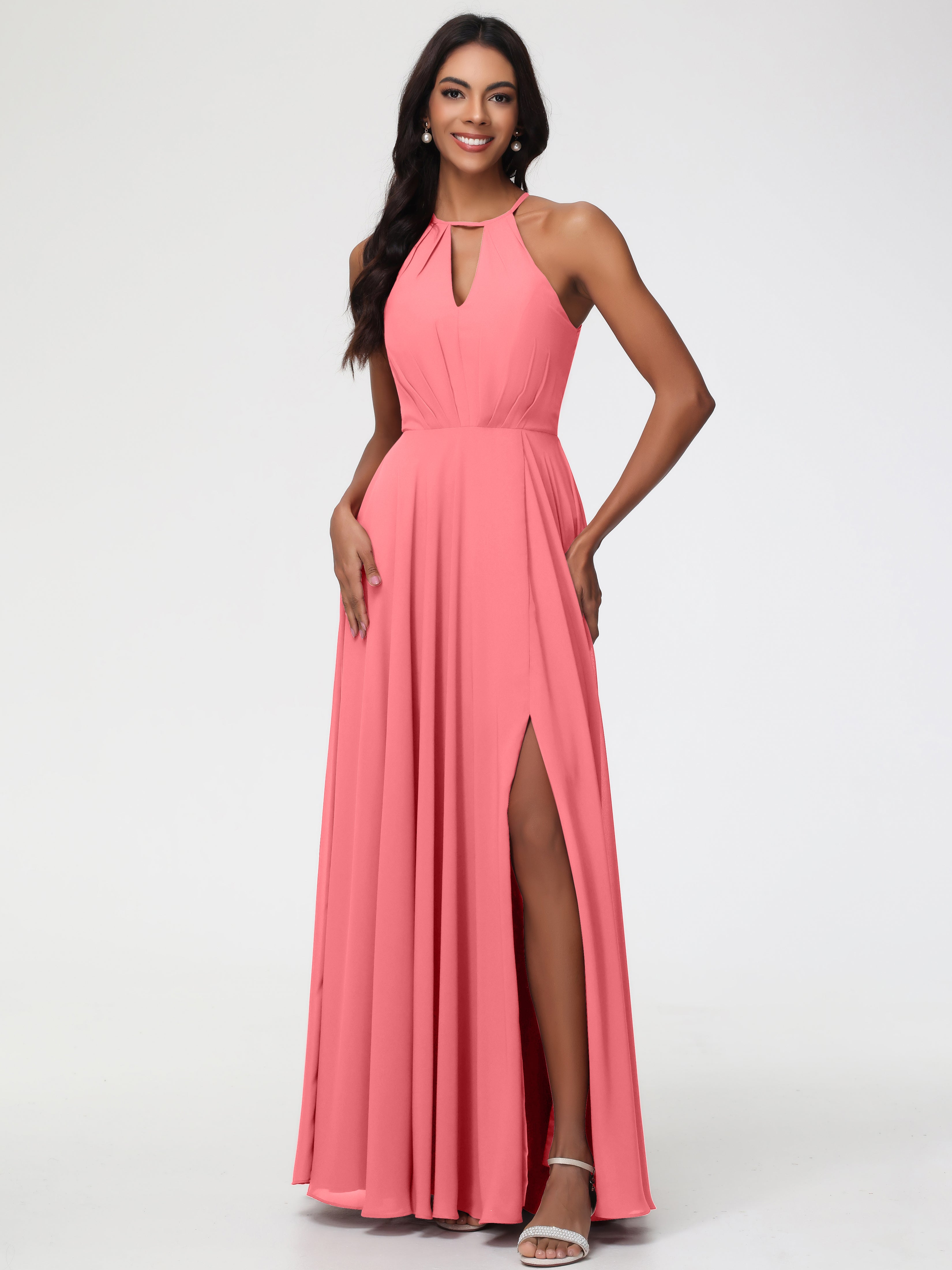 Halter A-Line Sleeveless Floor-Length Split Chiffon Bridesmaid Dresses (Copy)