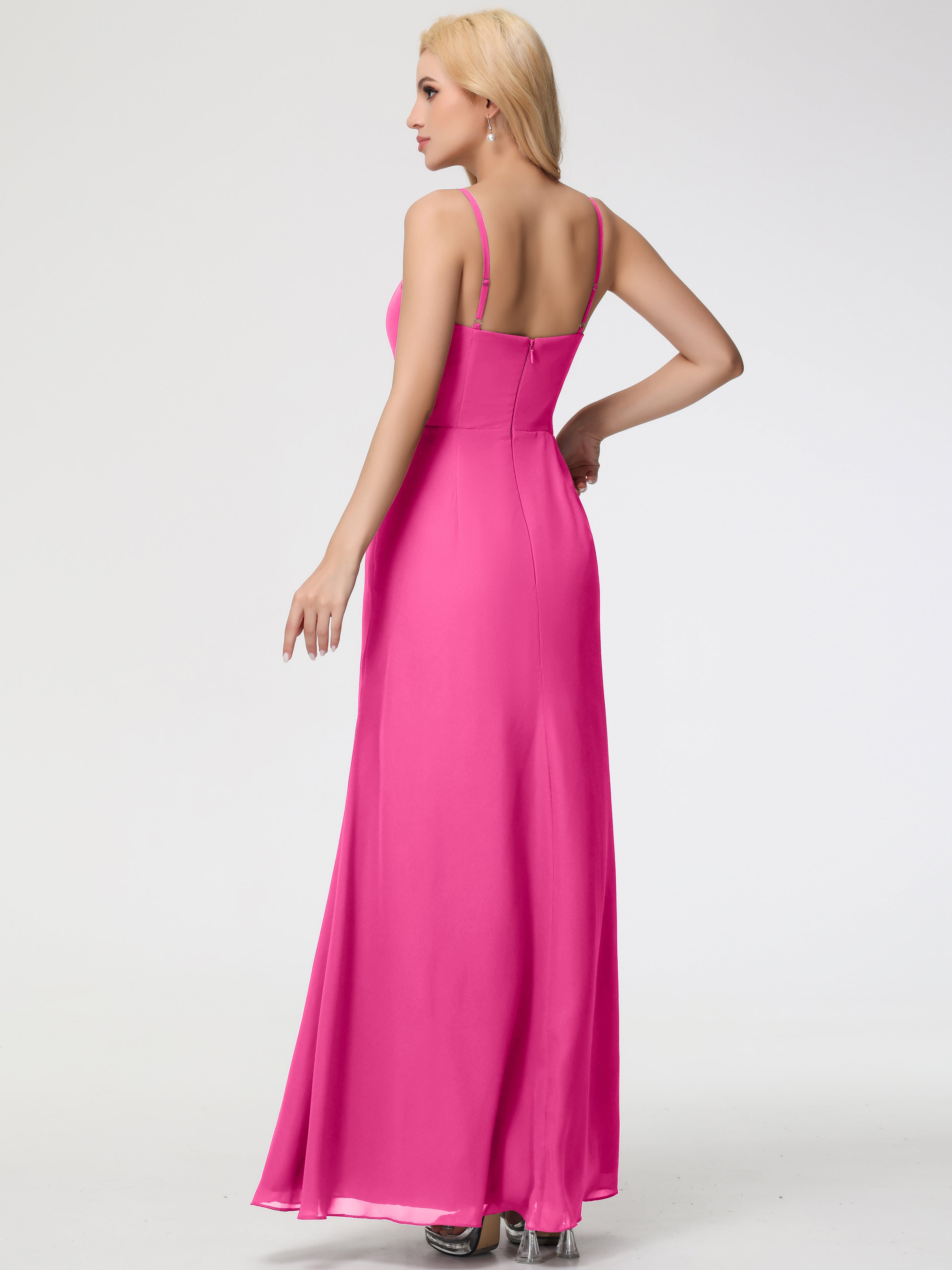 V-Neck Sheath/Column Sleeveless Spaghetti Straps Chiffon Bridesmaid Dresses With Split