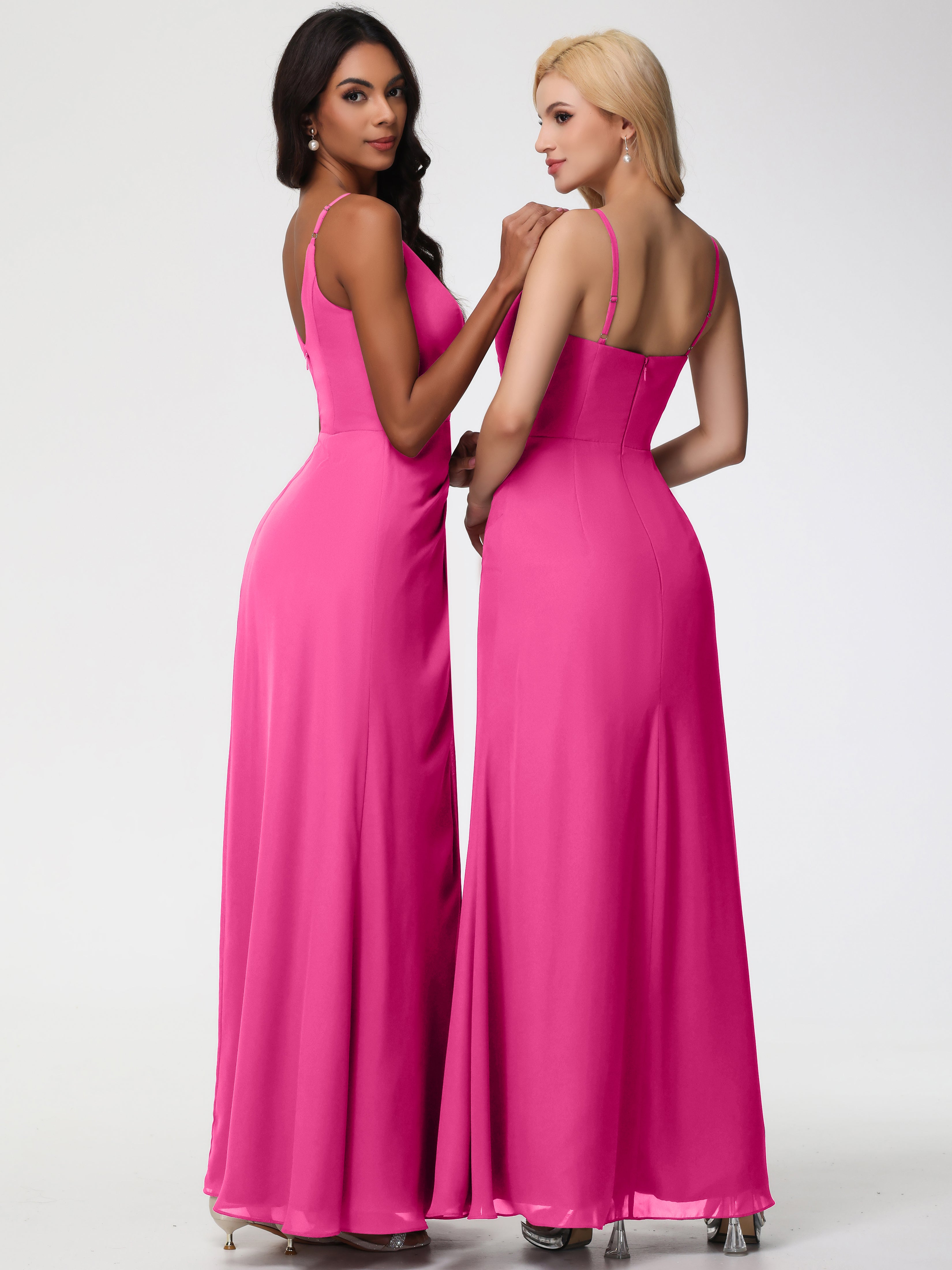 V-Neck Sheath/Column Sleeveless Spaghetti Straps Chiffon Bridesmaid Dresses With Split