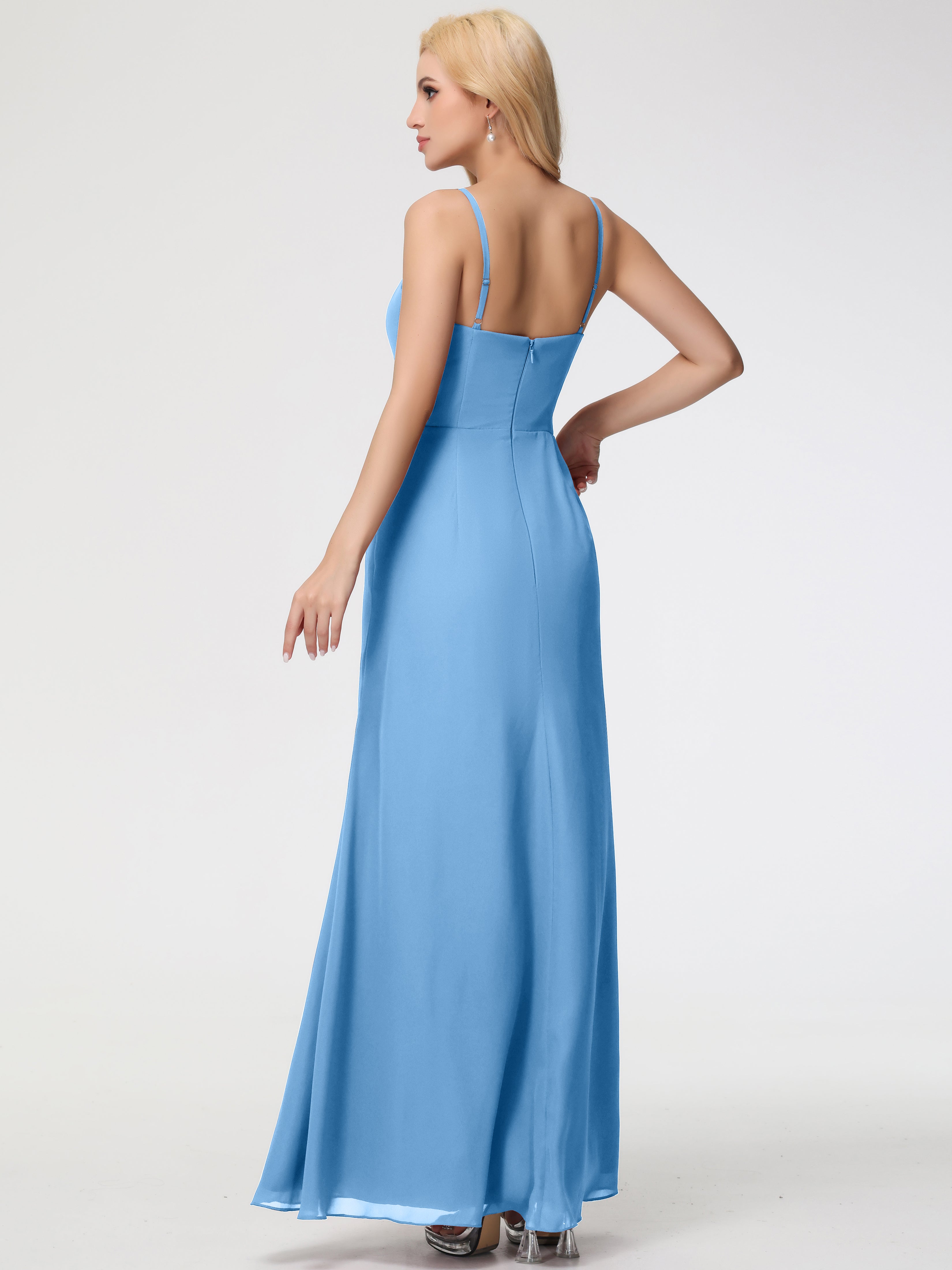 V-Neck Sheath/Column Sleeveless Spaghetti Straps Chiffon Bridesmaid Dresses With Split