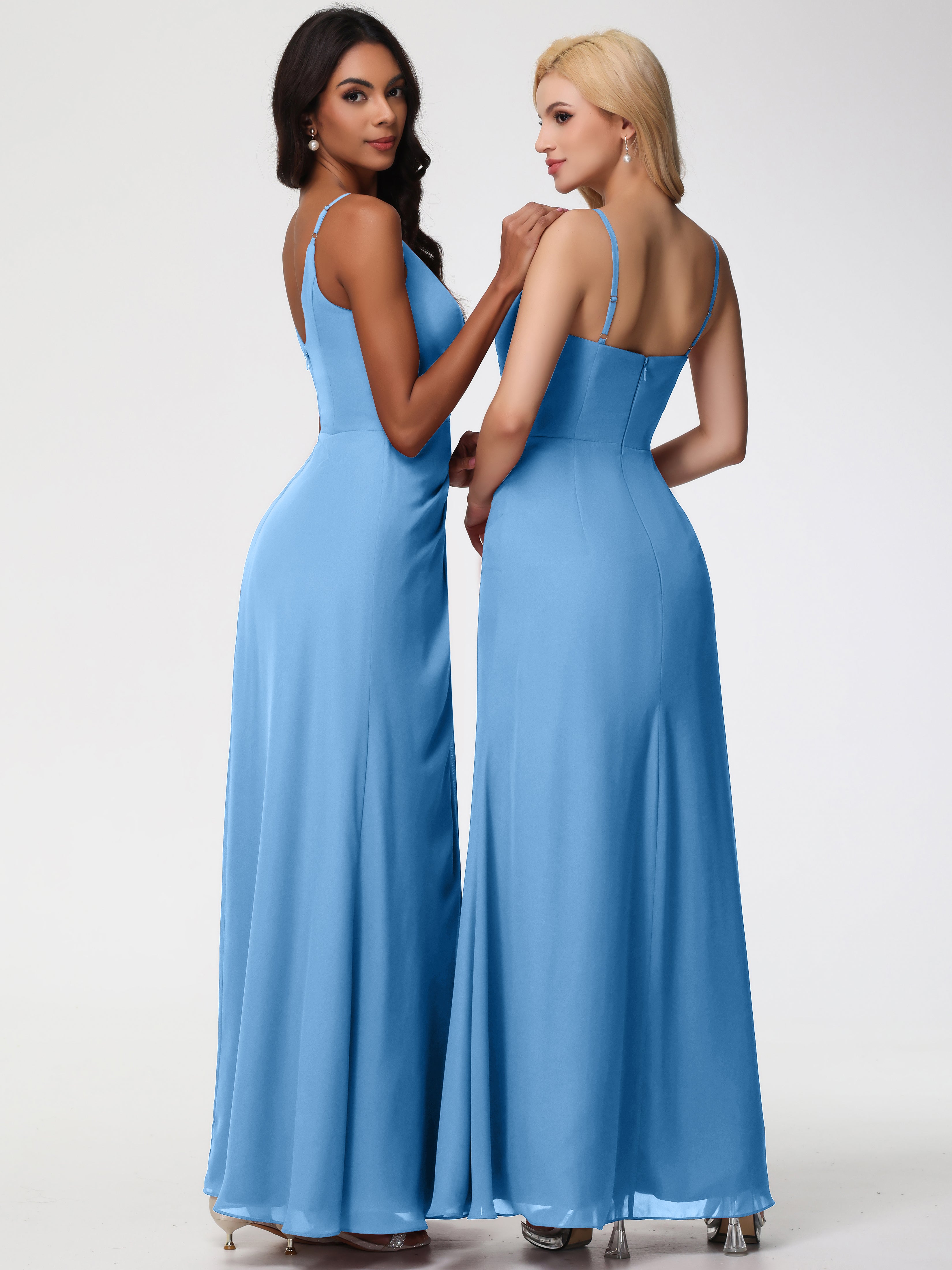V-Neck Sheath/Column Sleeveless Spaghetti Straps Chiffon Bridesmaid Dresses With Split