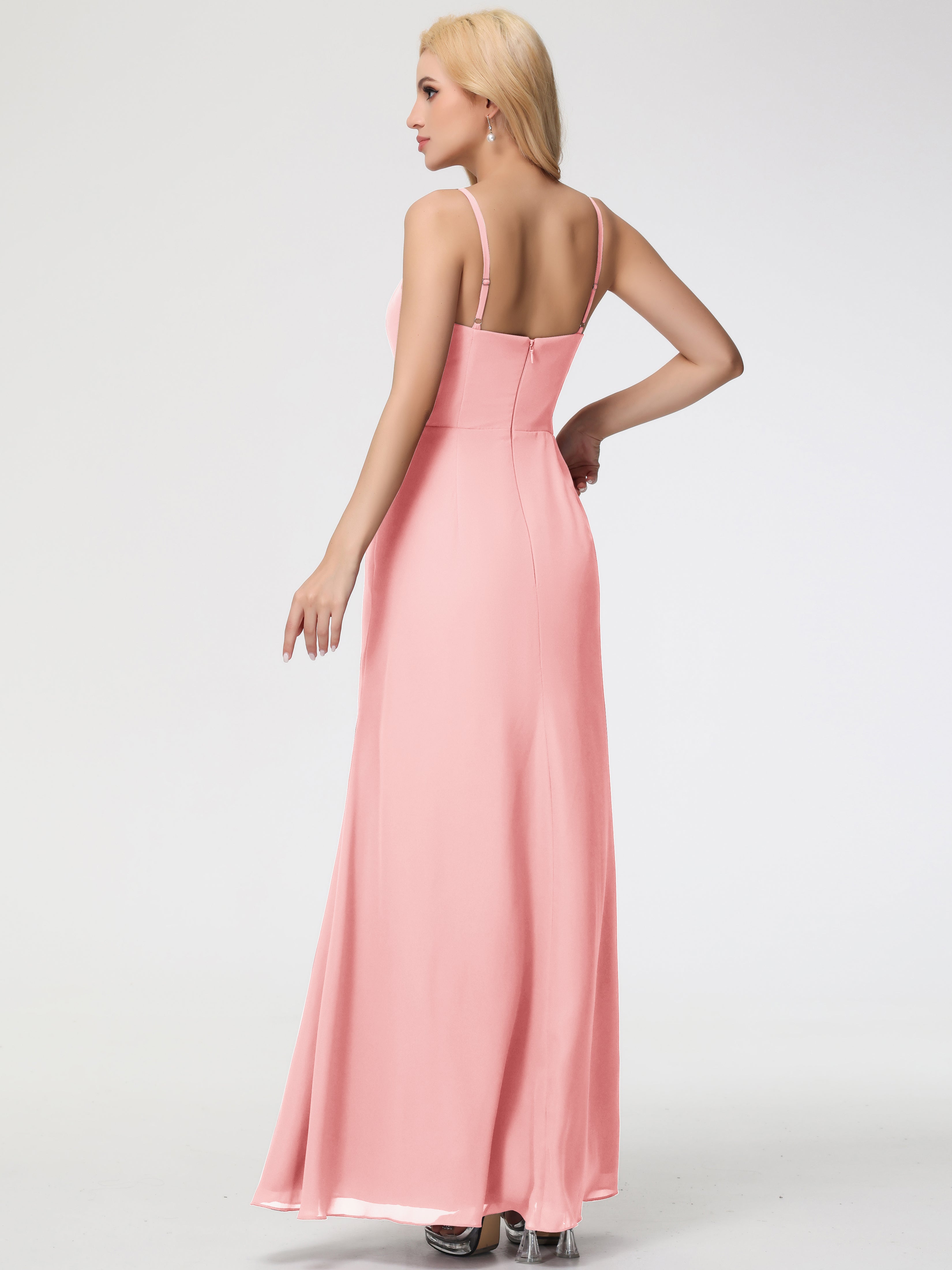 V-Neck Sheath/Column Sleeveless Spaghetti Straps Chiffon Bridesmaid Dresses With Split