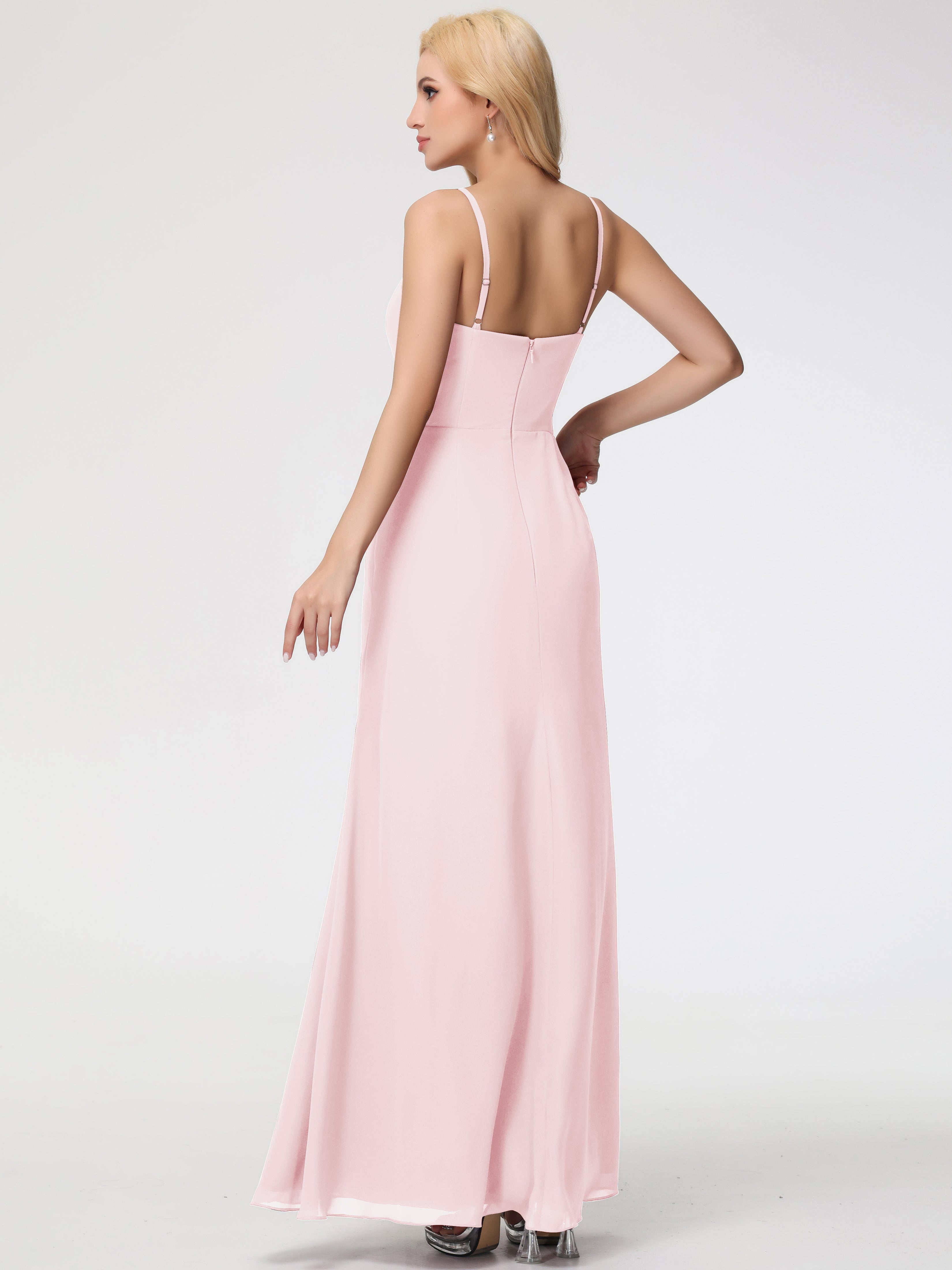 V-Neck Sheath/Column Sleeveless Spaghetti Straps Chiffon Bridesmaid Dresses With Split