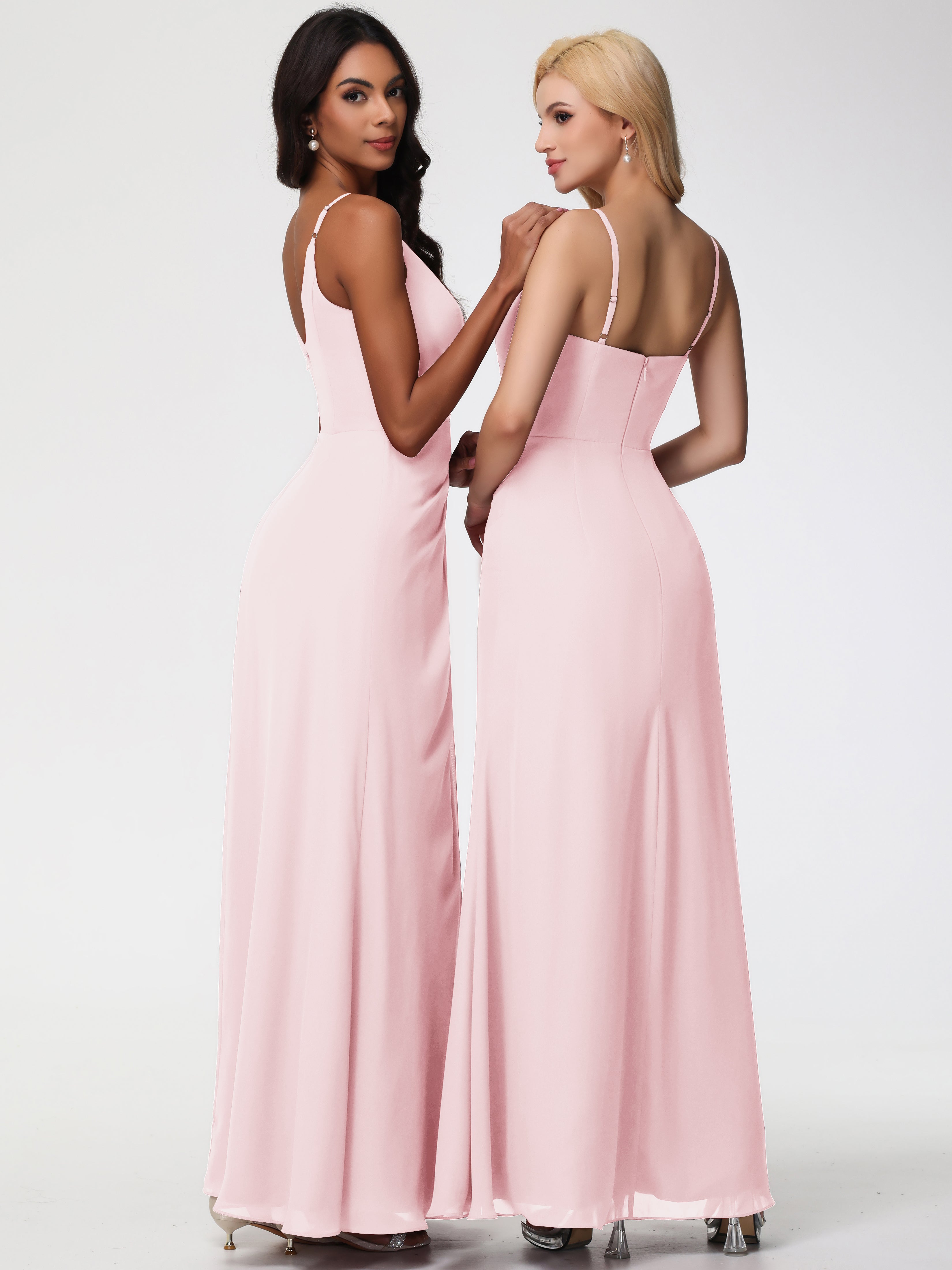 V-Neck Sheath/Column Sleeveless Spaghetti Straps Chiffon Bridesmaid Dresses With Split