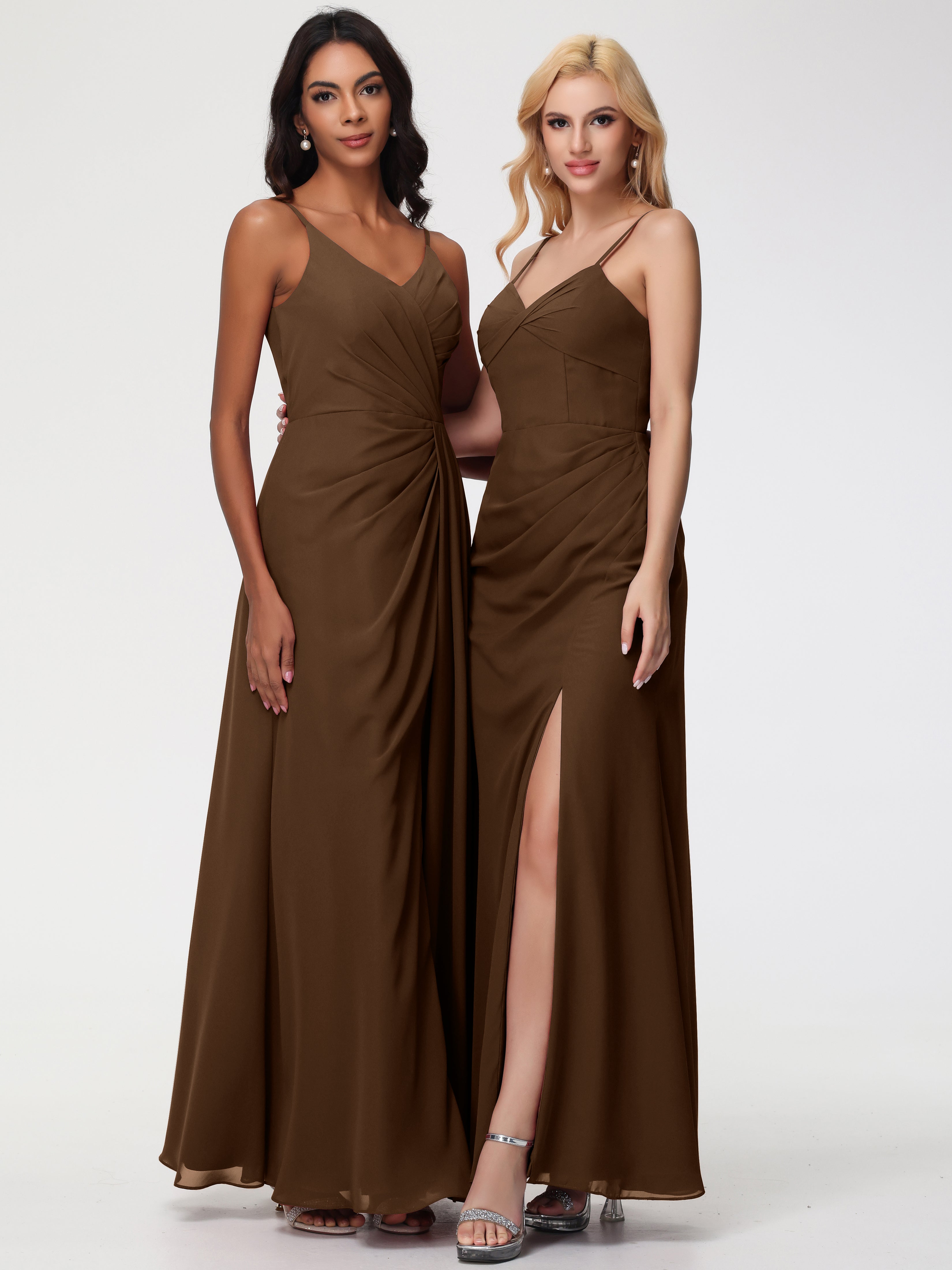 V-Neck Sheath/Column Sleeveless Spaghetti Straps Chiffon Bridesmaid Dresses With Split