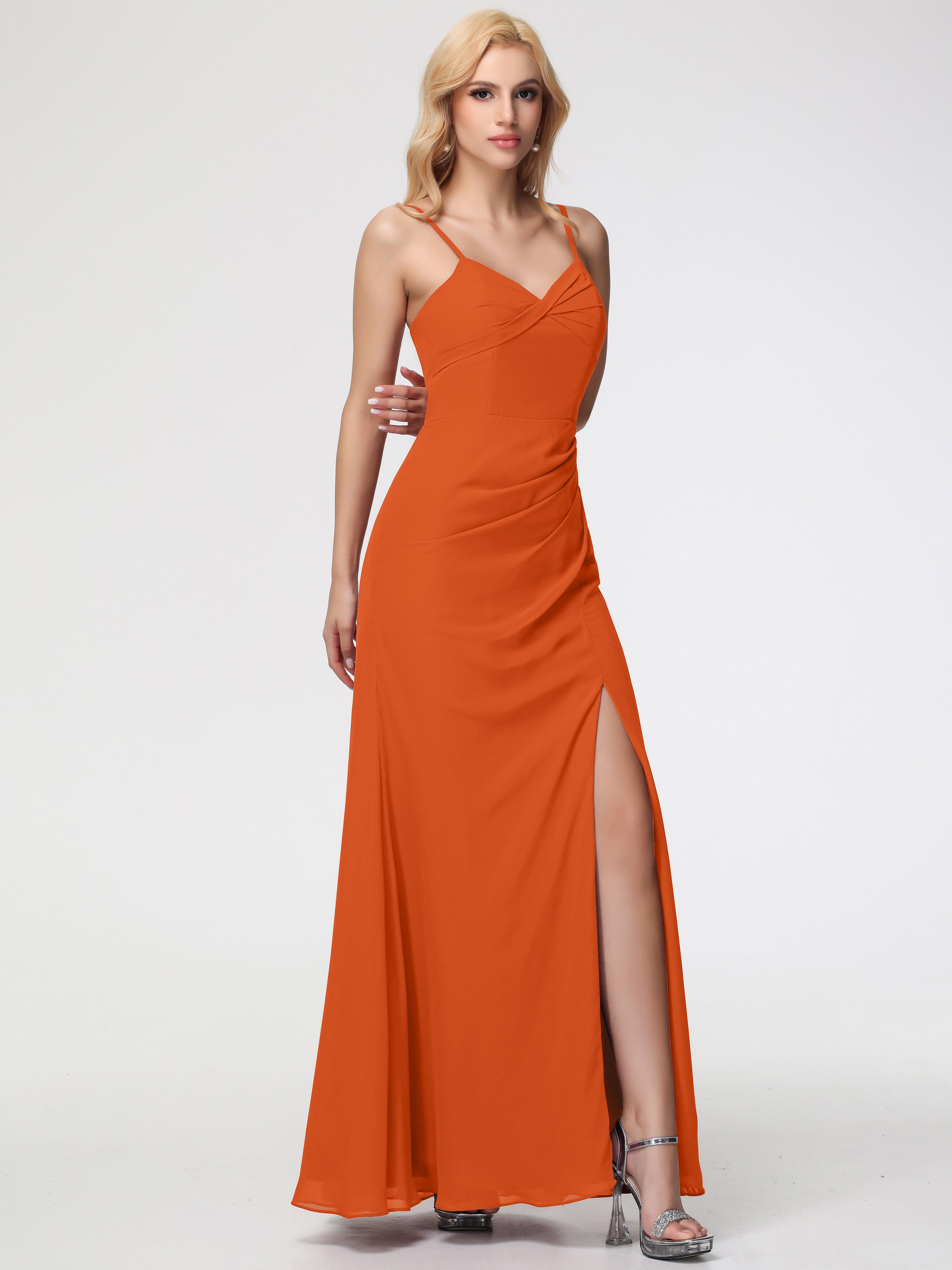 V-Neck Sheath/Column Sleeveless Spaghetti Straps Chiffon Bridesmaid Dresses With Split