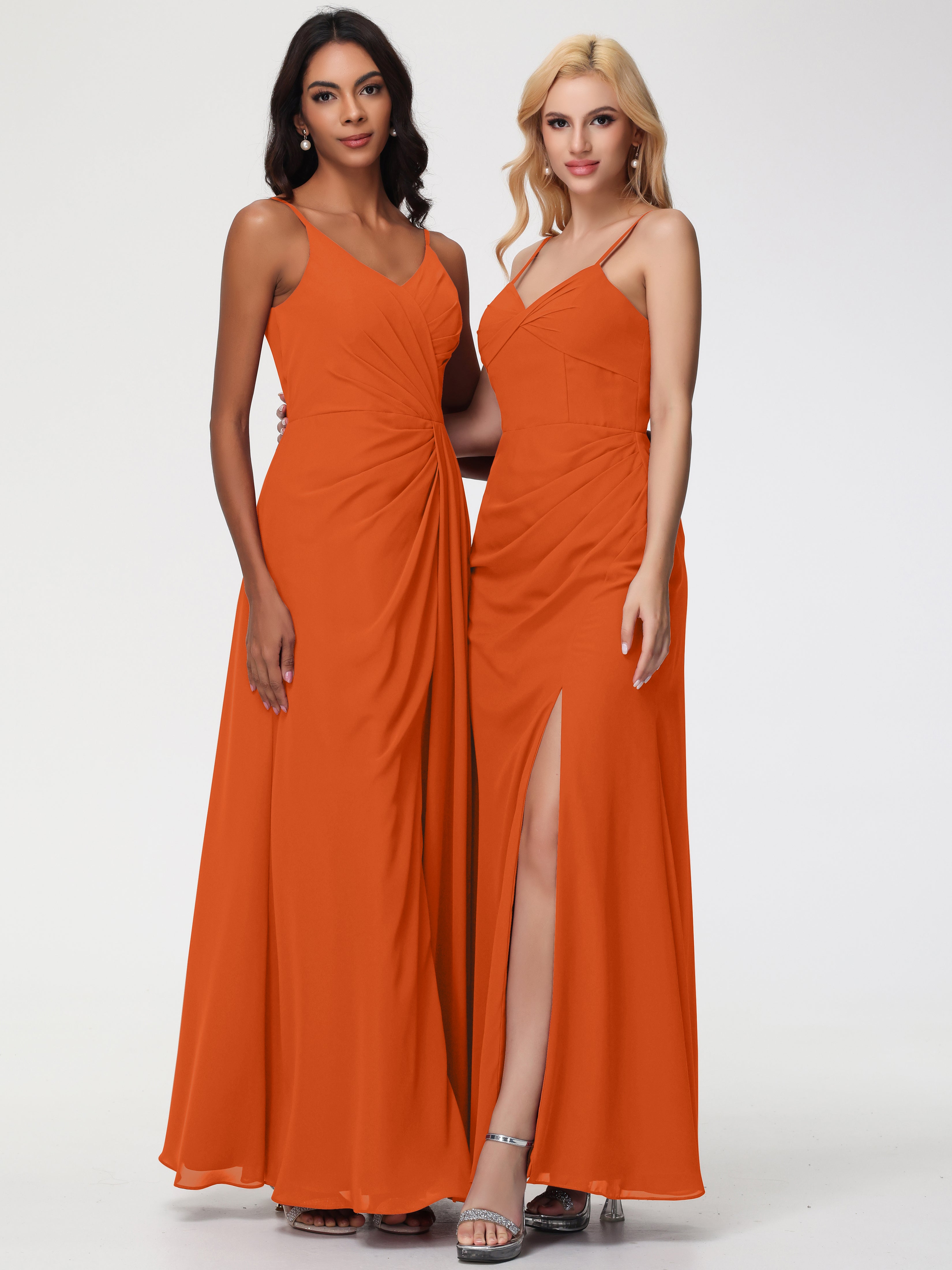V-Neck Sheath/Column Sleeveless Spaghetti Straps Chiffon Bridesmaid Dresses With Split