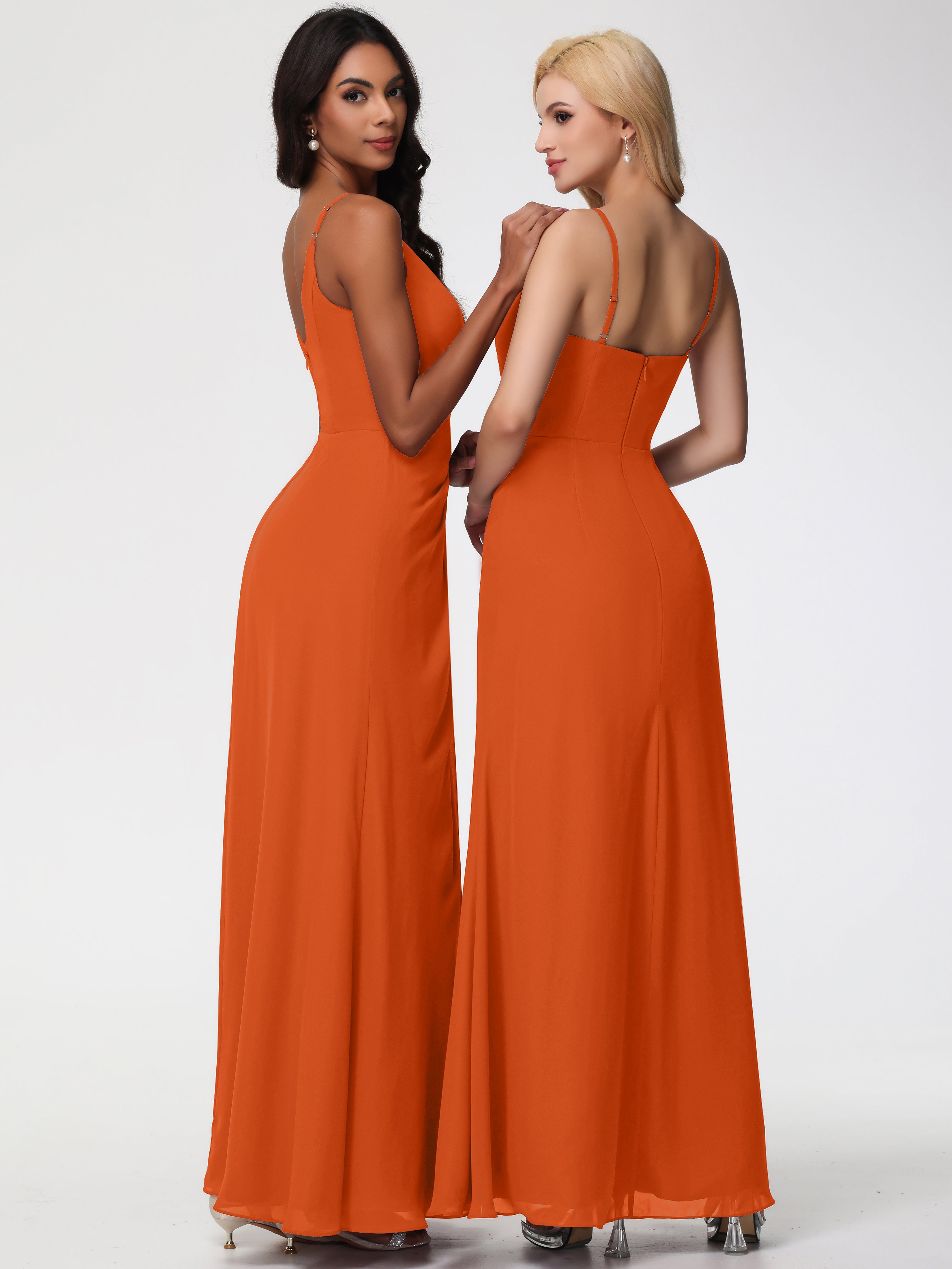 V-Neck Sheath/Column Sleeveless Spaghetti Straps Chiffon Bridesmaid Dresses With Split