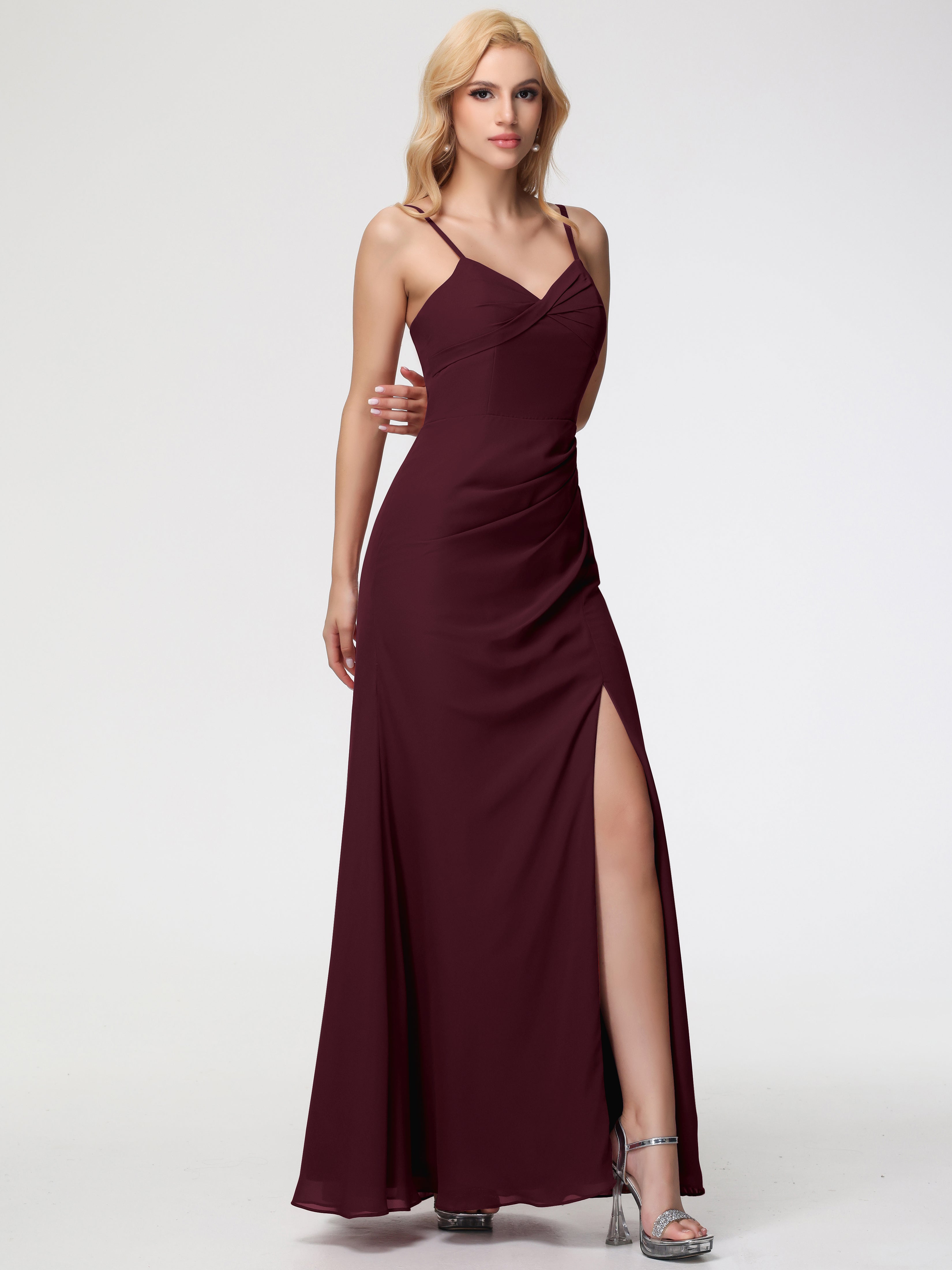 V-Neck Sheath/Column Sleeveless Spaghetti Straps Chiffon Bridesmaid Dresses With Split