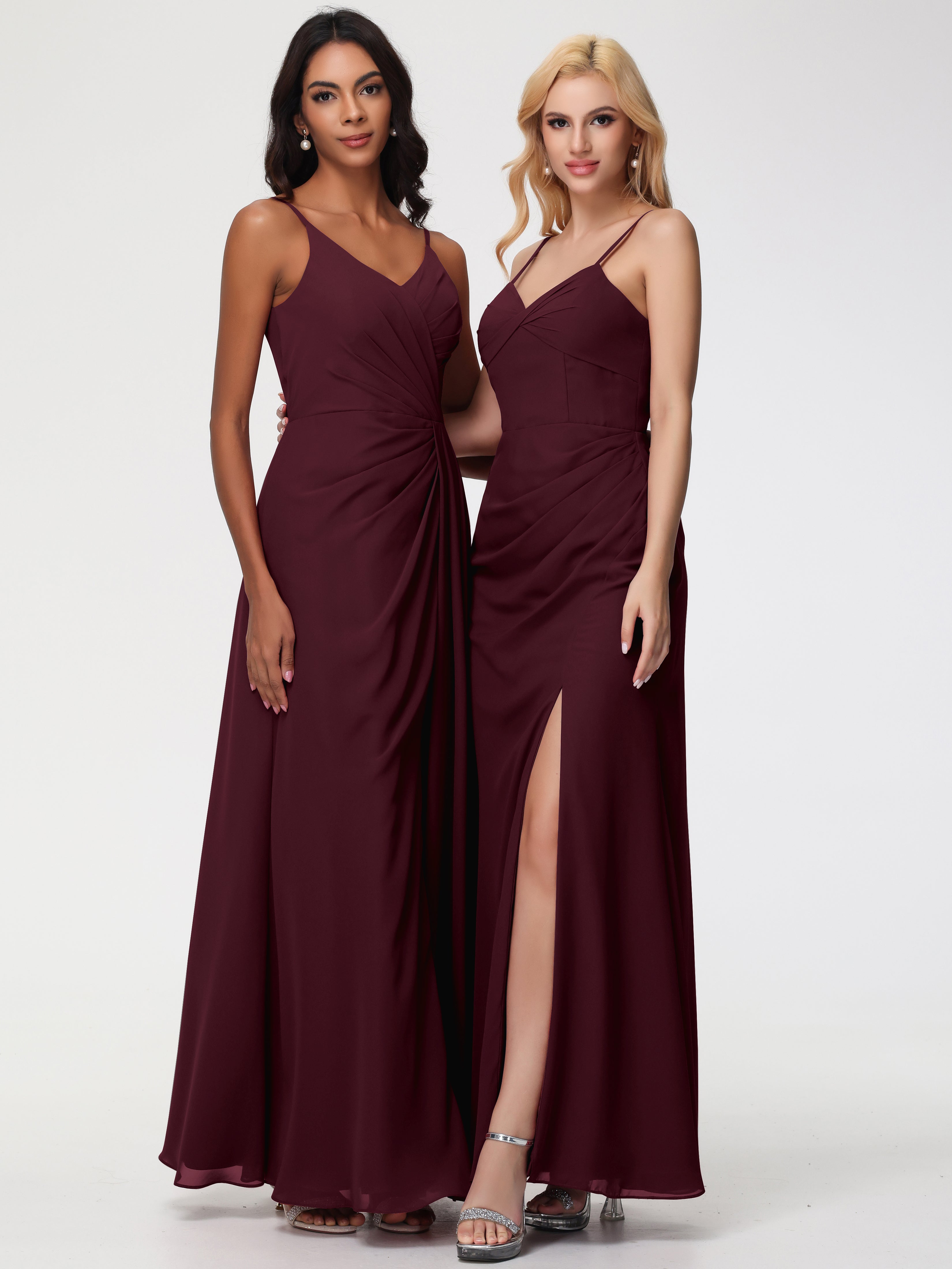 V-Neck Sheath/Column Sleeveless Spaghetti Straps Chiffon Bridesmaid Dresses With Split