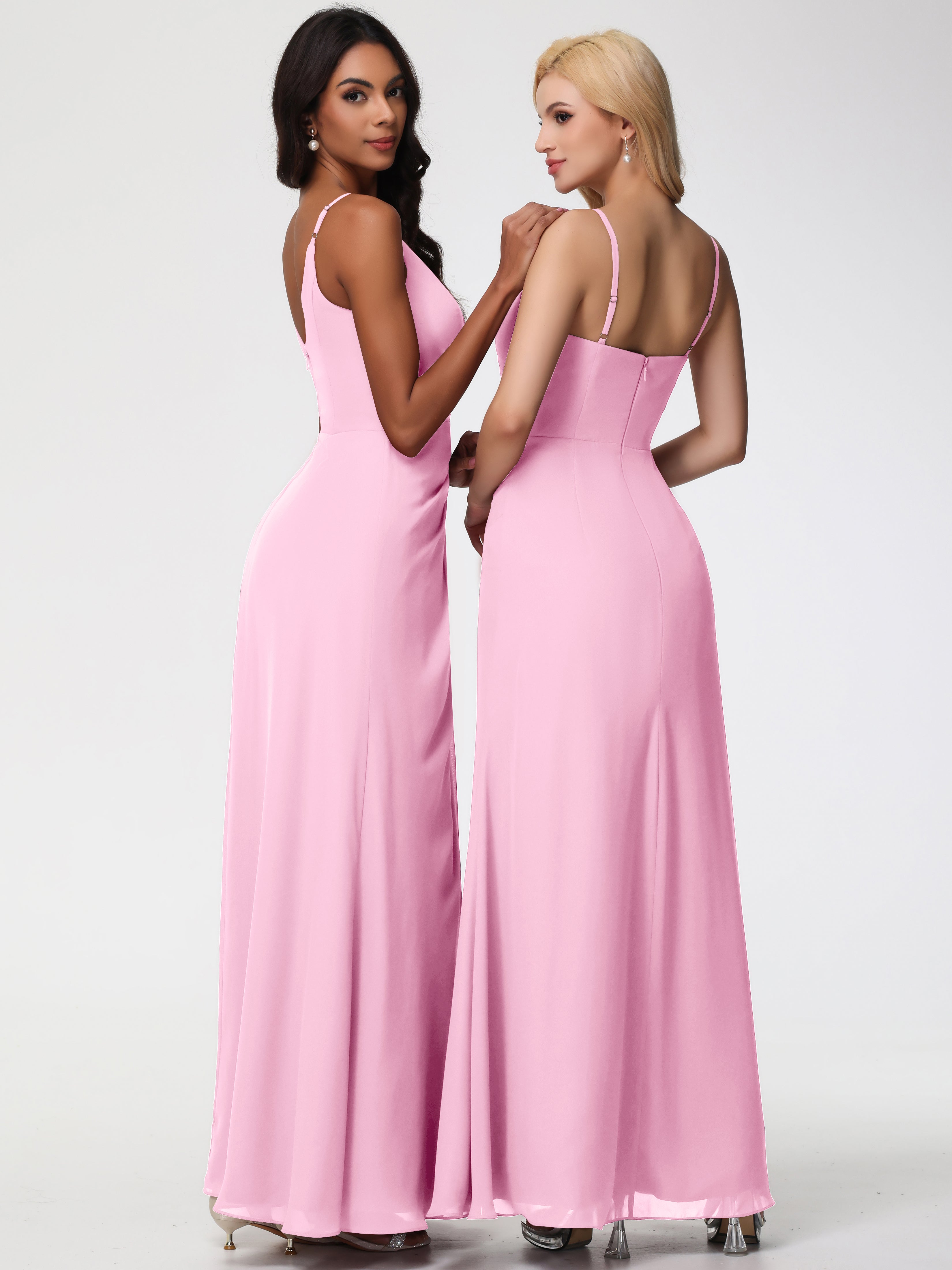 V-Neck Sheath/Column Sleeveless Spaghetti Straps Chiffon Bridesmaid Dresses With Split