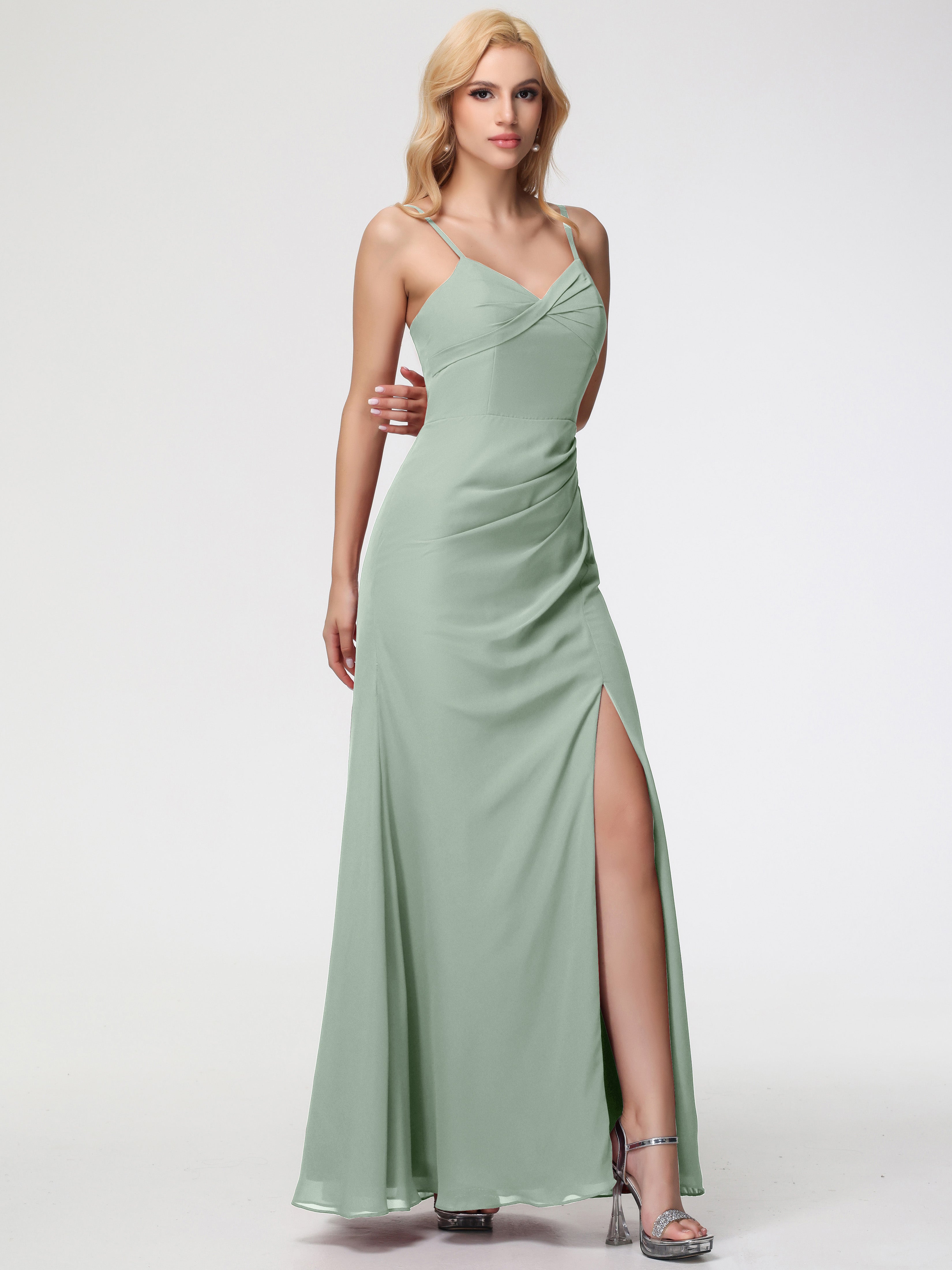V-Neck Sheath/Column Sleeveless Spaghetti Straps Chiffon Bridesmaid Dresses With Split