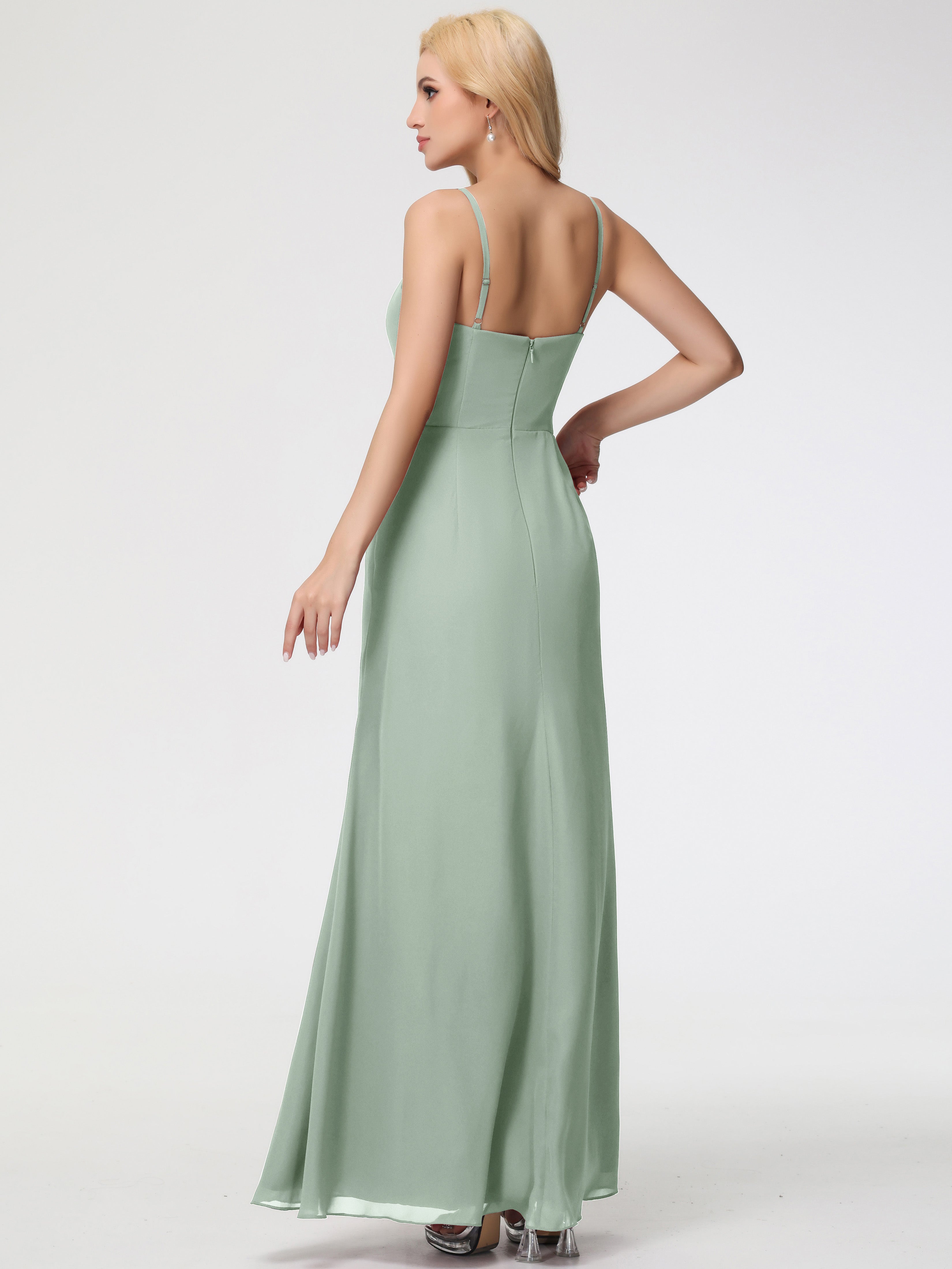 V-Neck Sheath/Column Sleeveless Spaghetti Straps Chiffon Bridesmaid Dresses With Split