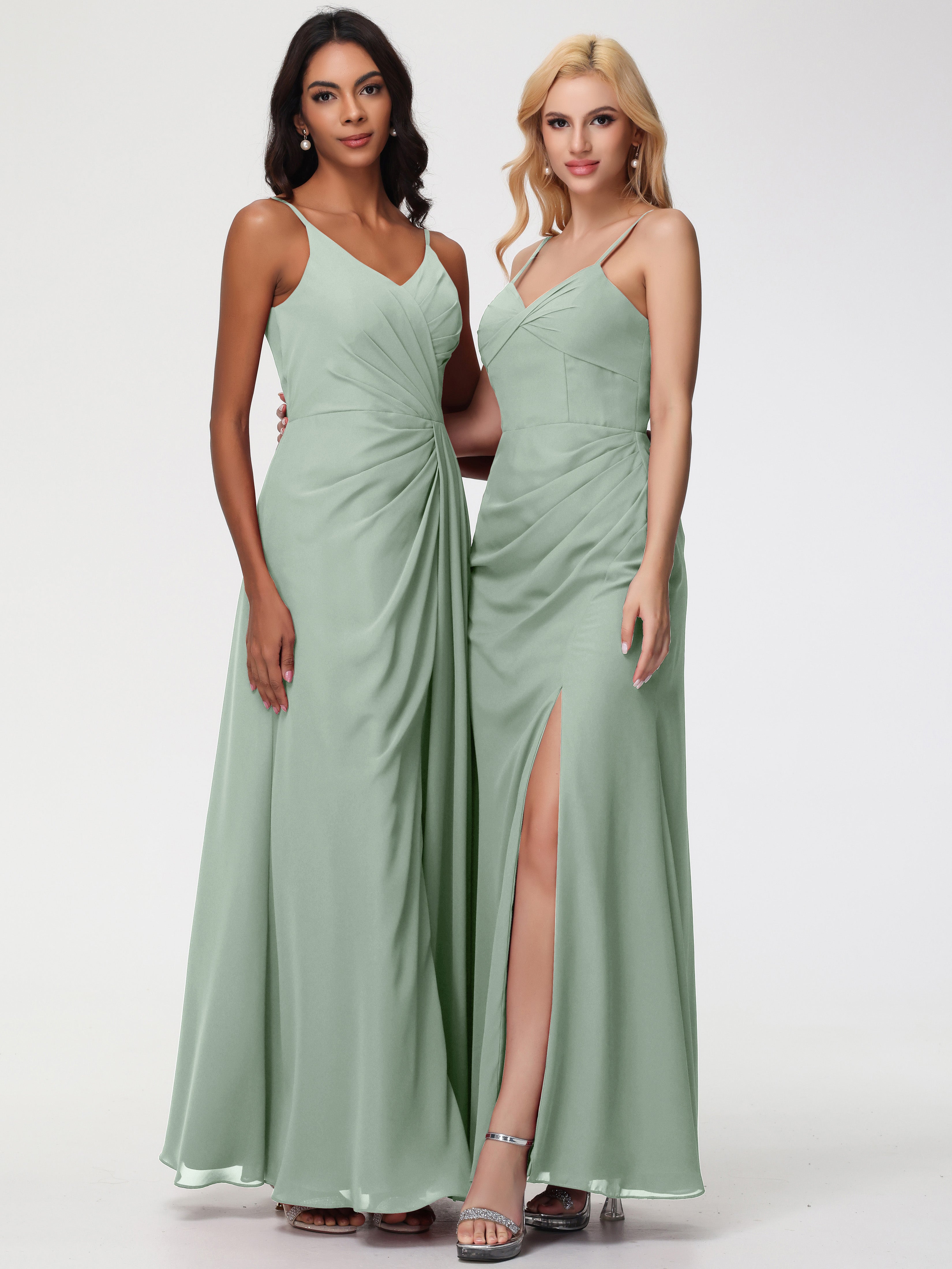 V-Neck Sheath/Column Sleeveless Spaghetti Straps Chiffon Bridesmaid Dresses With Split