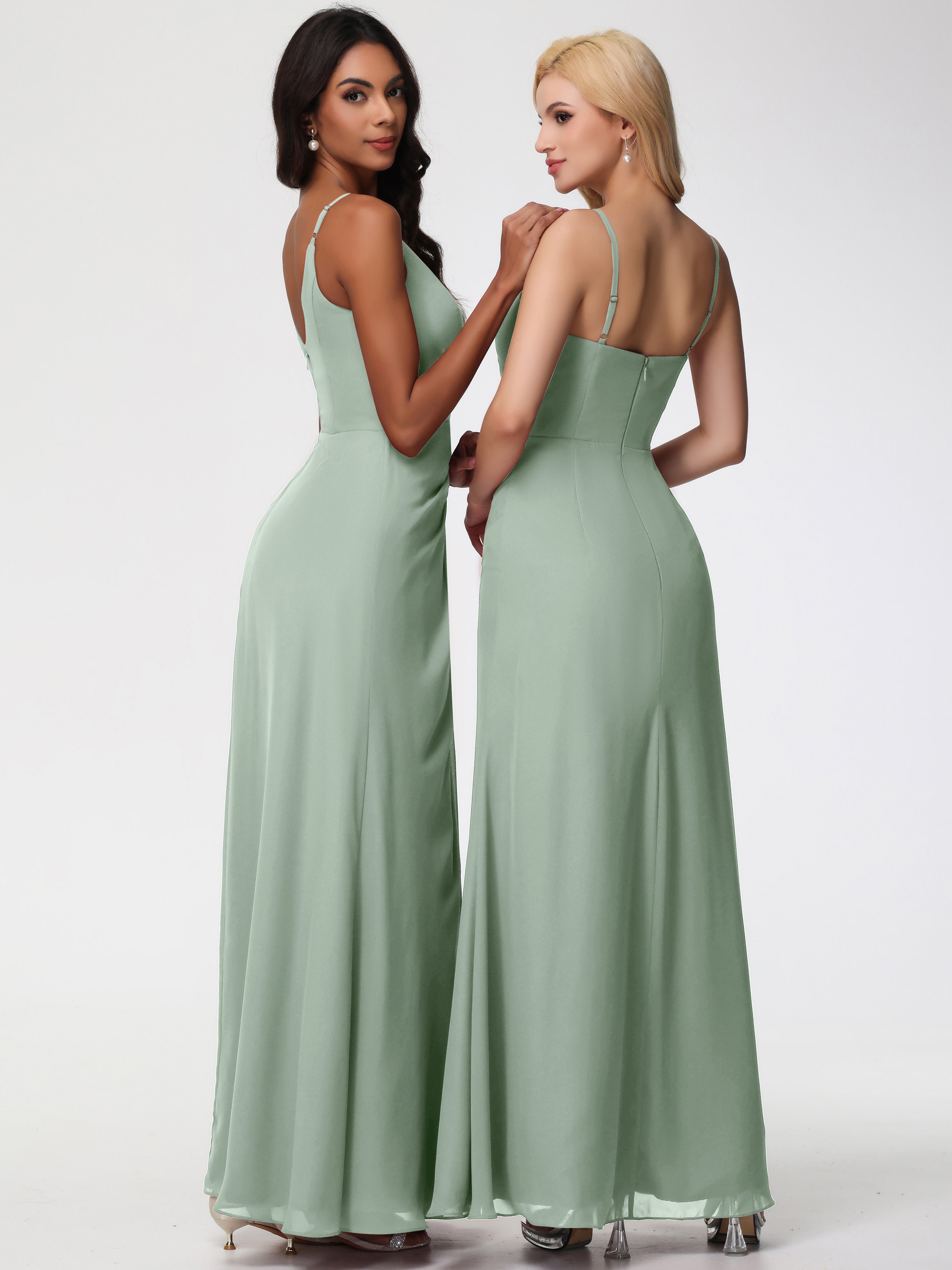 V-Neck Sheath/Column Sleeveless Spaghetti Straps Chiffon Bridesmaid Dresses With Split