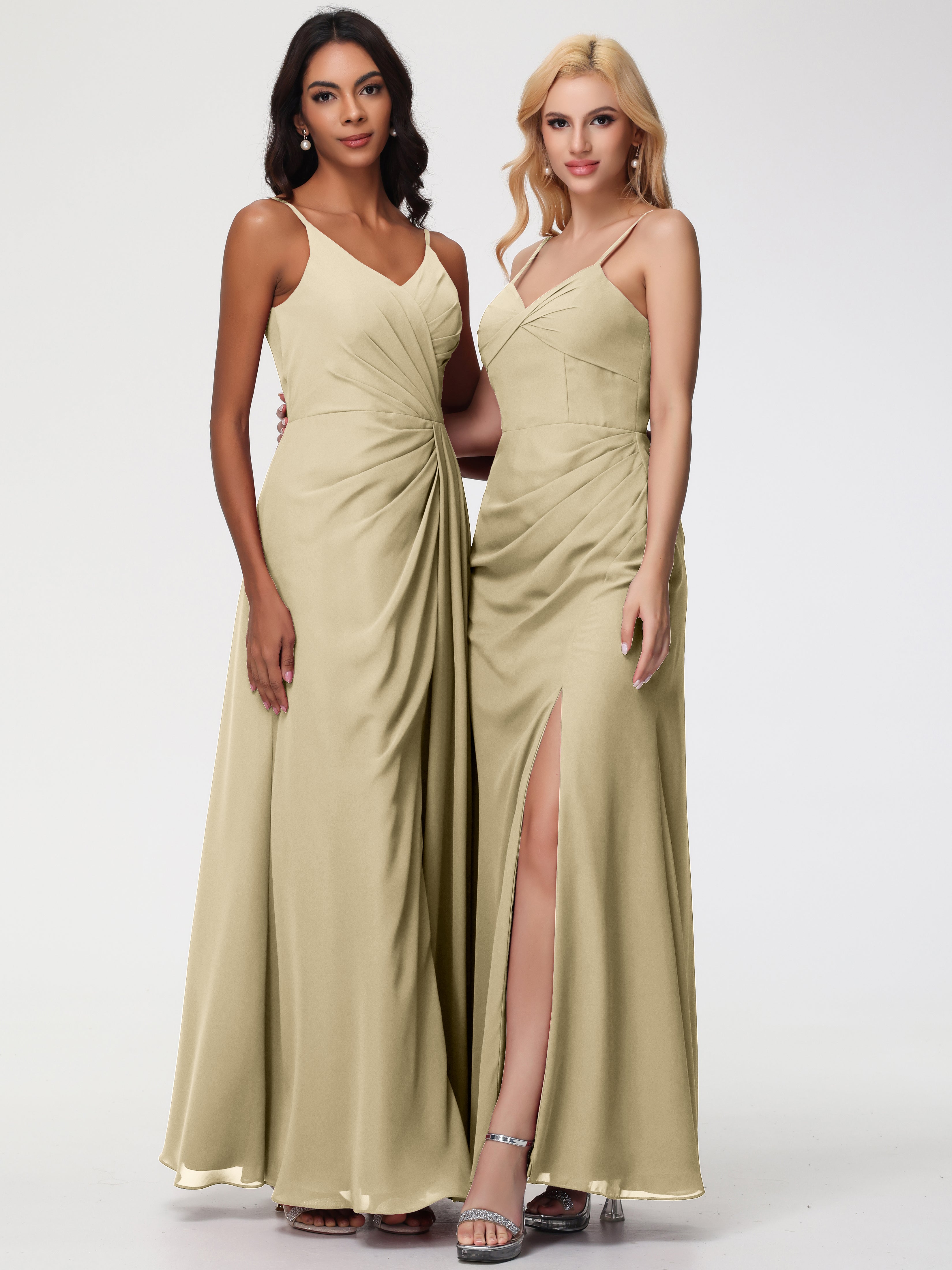 V-Neck Sheath/Column Sleeveless Spaghetti Straps Chiffon Bridesmaid Dresses With Split