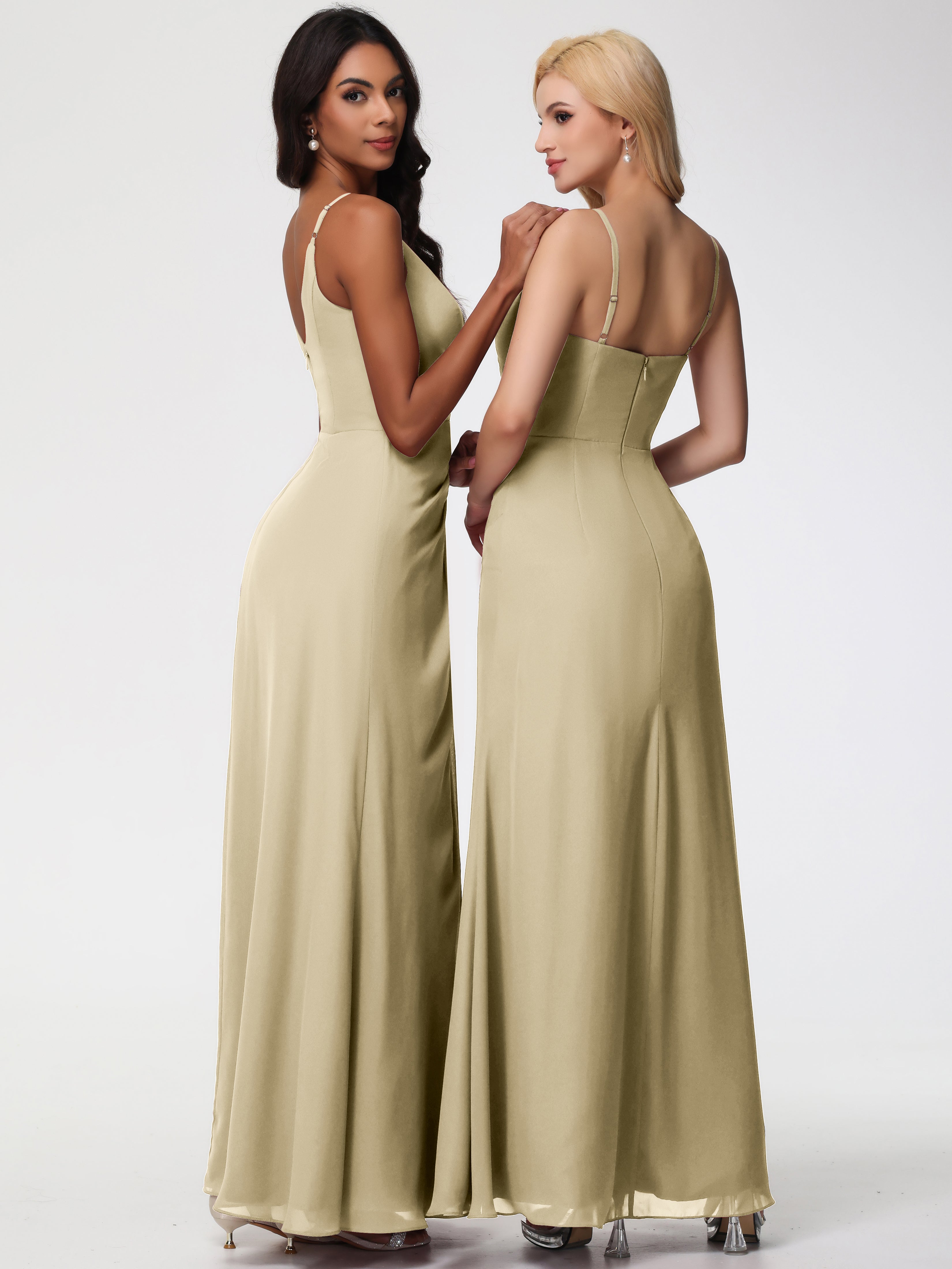 V-Neck Sheath/Column Sleeveless Spaghetti Straps Chiffon Bridesmaid Dresses With Split
