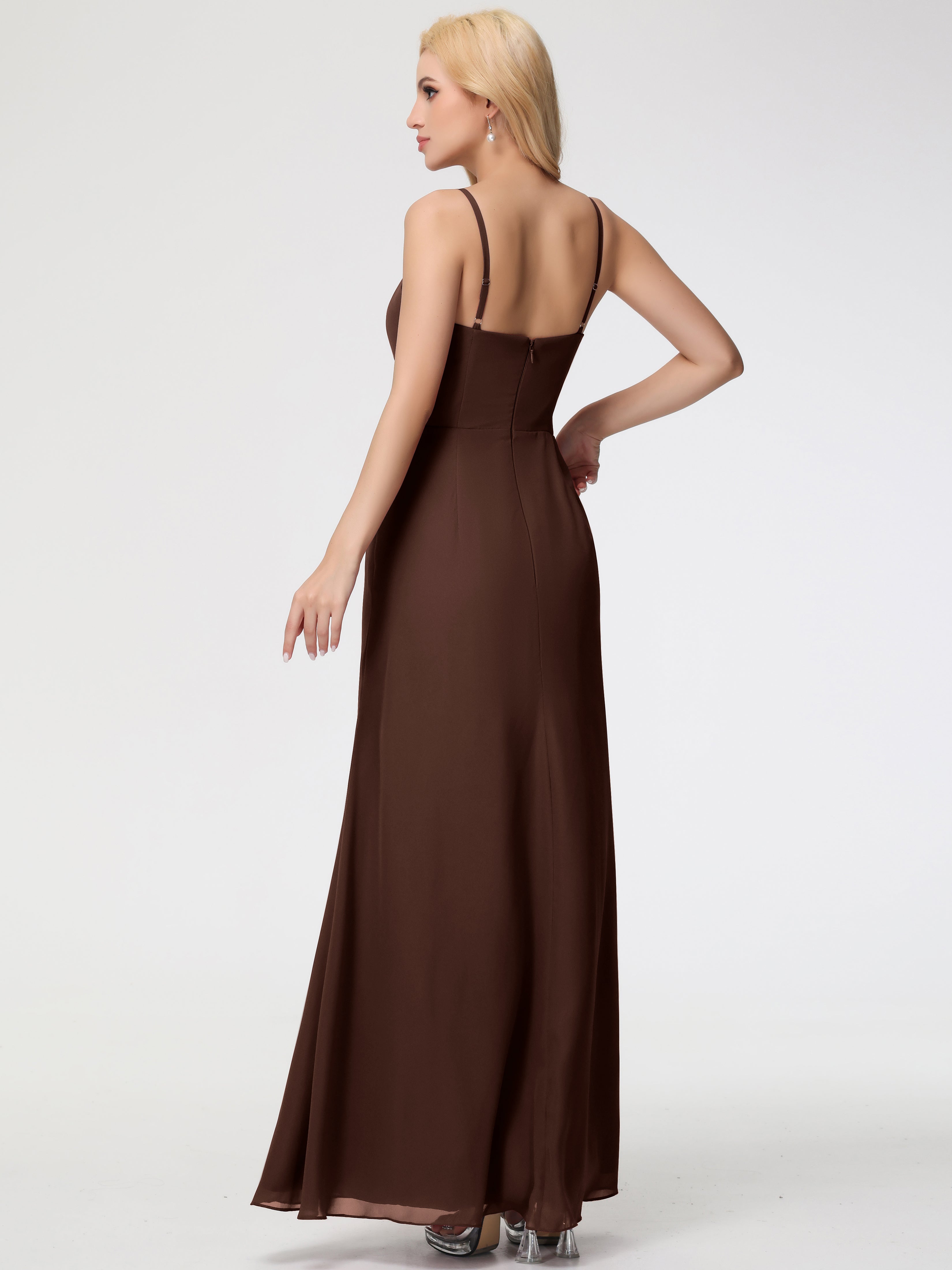 V-Neck Sheath/Column Sleeveless Spaghetti Straps Chiffon Bridesmaid Dresses With Split