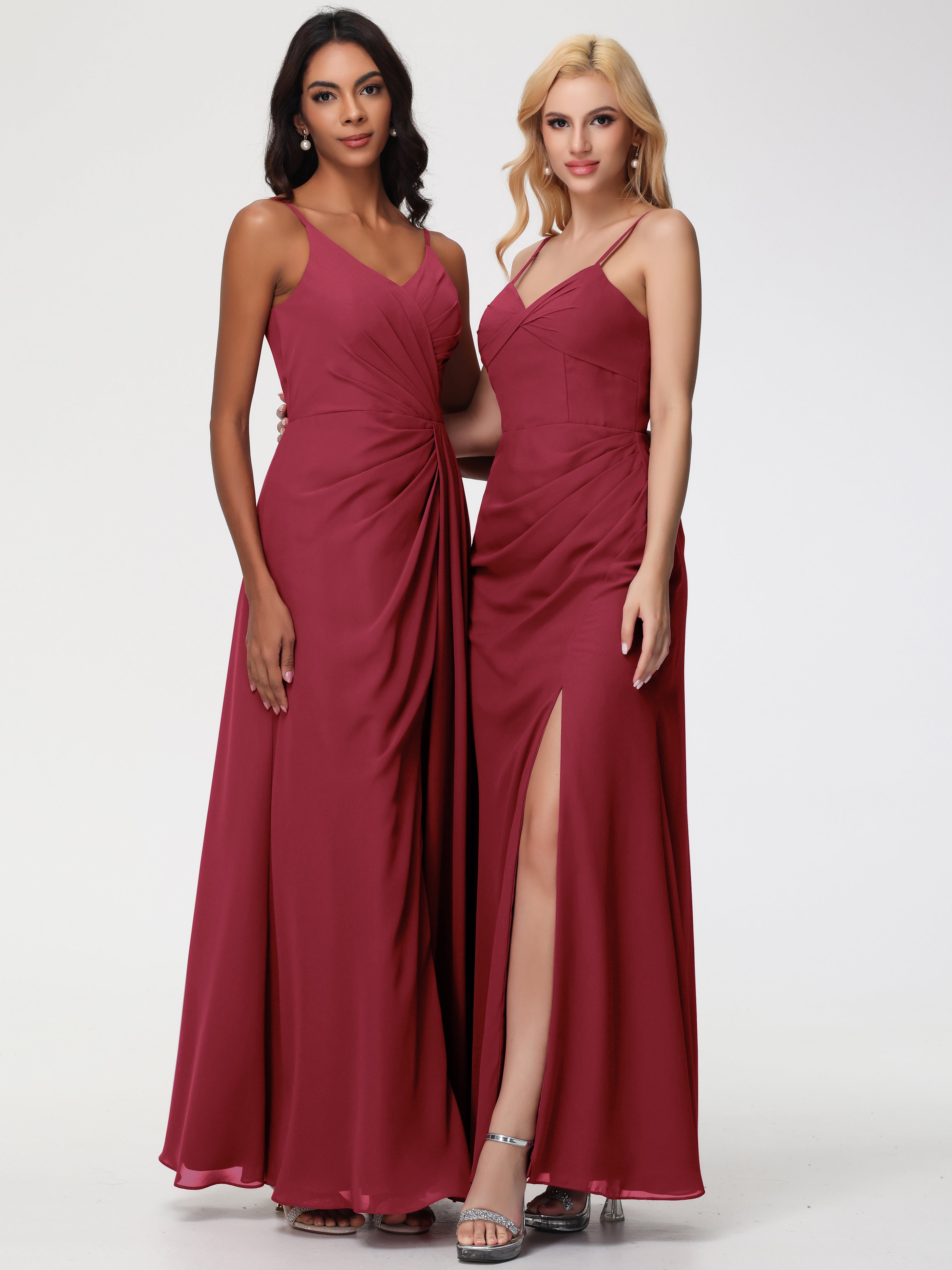 V-Neck Sheath/Column Sleeveless Spaghetti Straps Chiffon Bridesmaid Dresses With Split