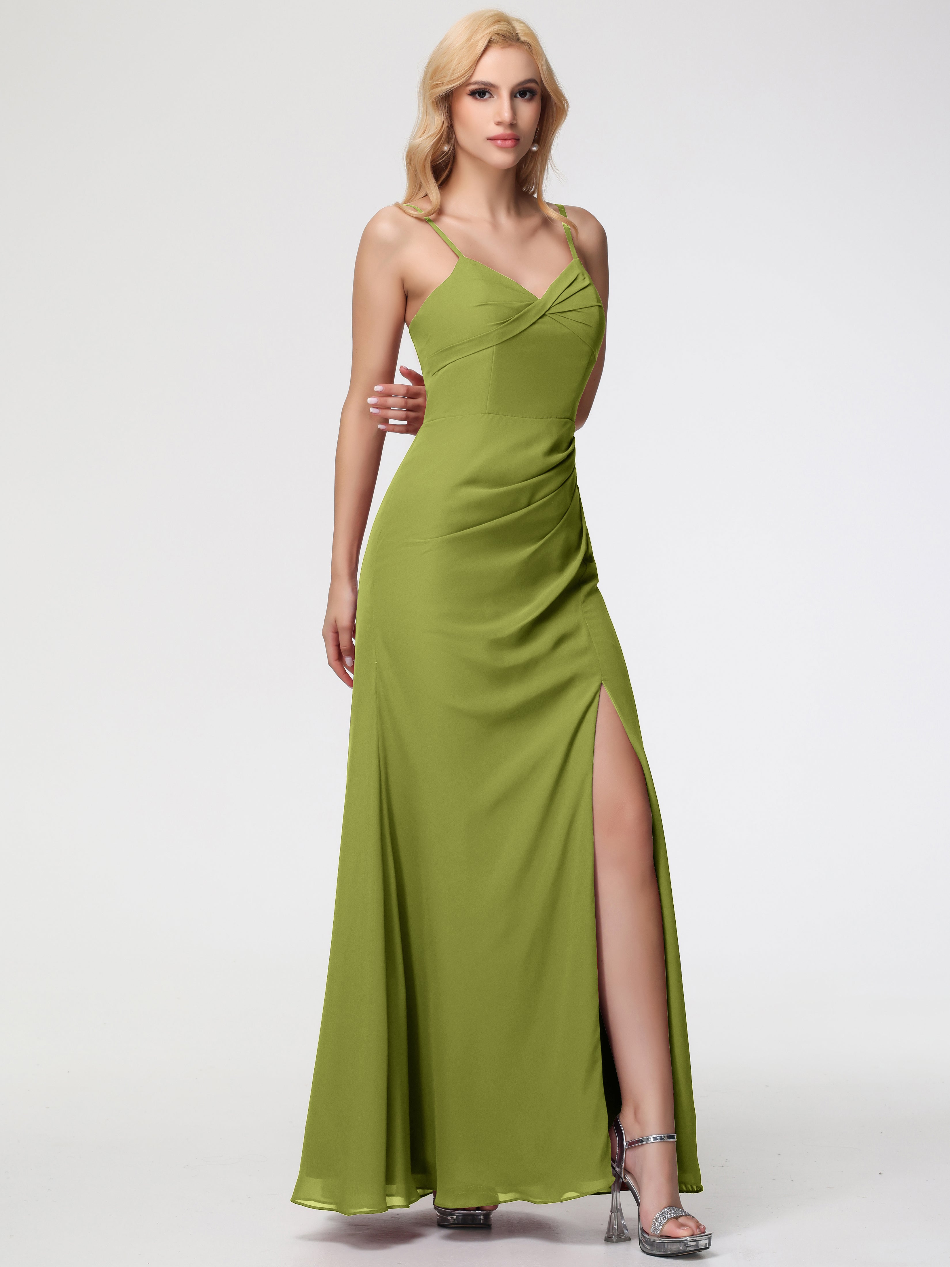 V-Neck Sheath/Column Sleeveless Spaghetti Straps Chiffon Bridesmaid Dresses With Split