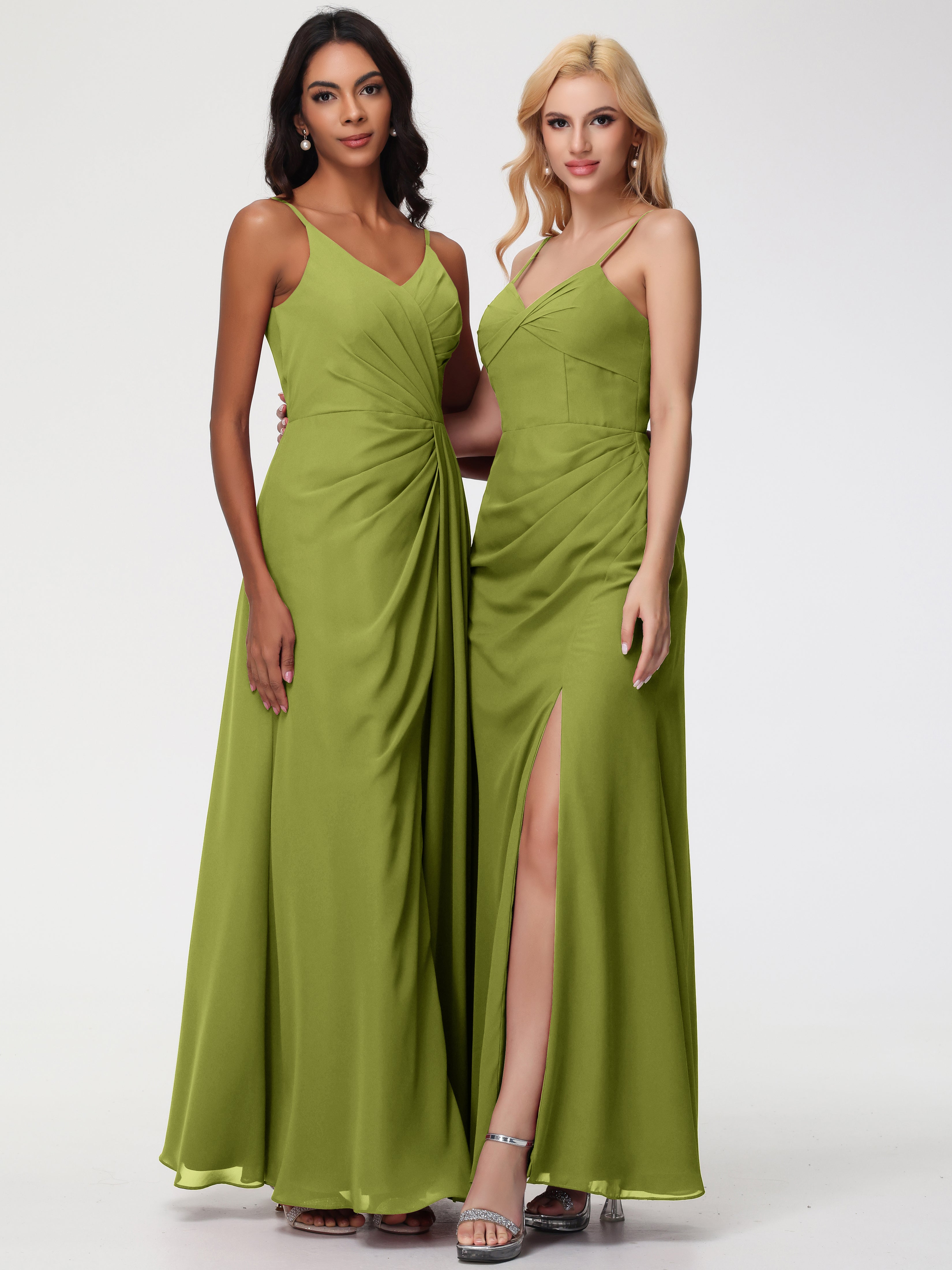 V-Neck Sheath/Column Sleeveless Spaghetti Straps Chiffon Bridesmaid Dresses With Split