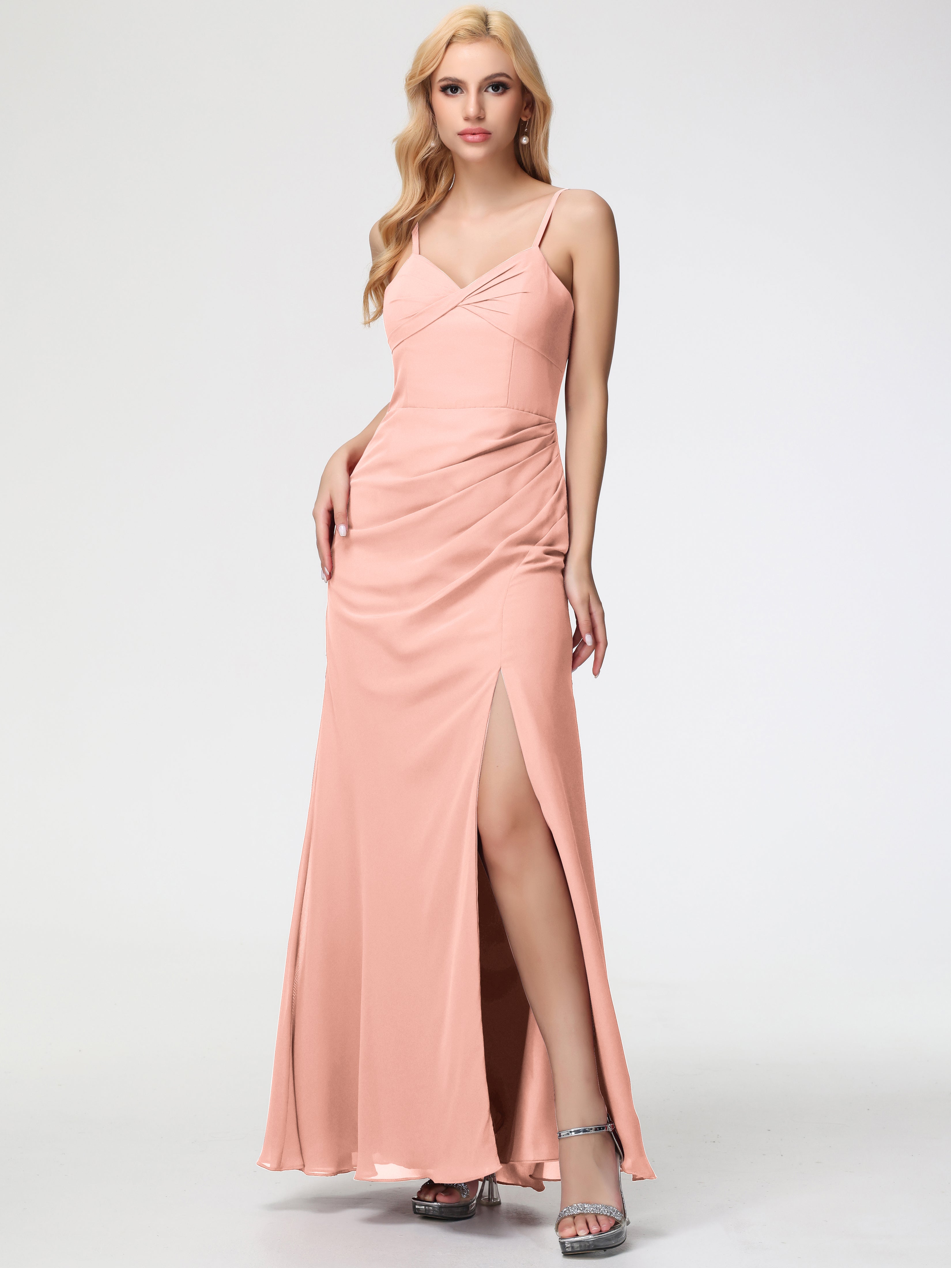 V-Neck Sheath/Column Sleeveless Spaghetti Straps Chiffon Bridesmaid Dresses With Split