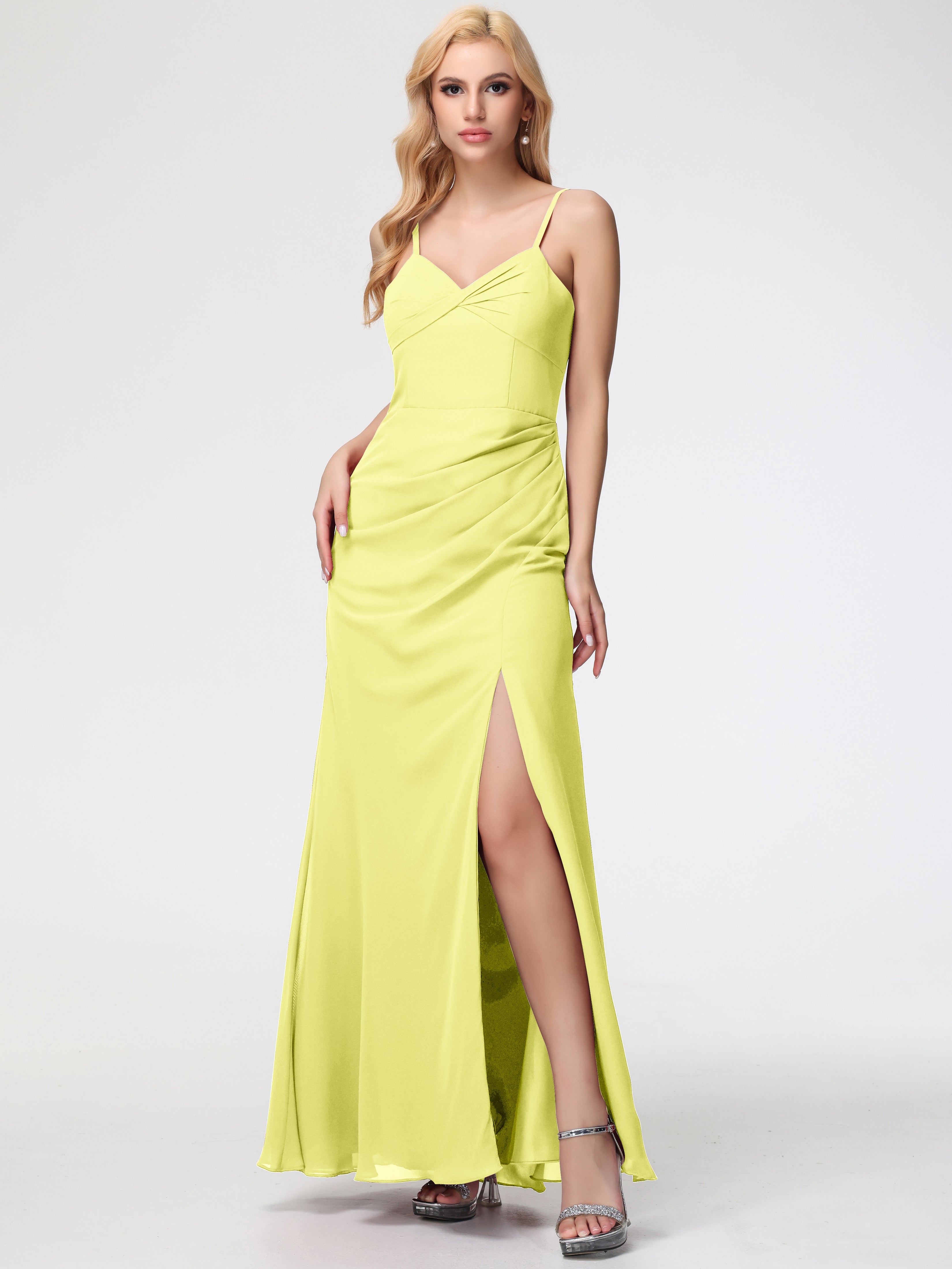 V-Neck Sheath/Column Sleeveless Spaghetti Straps Chiffon Bridesmaid Dresses With Split