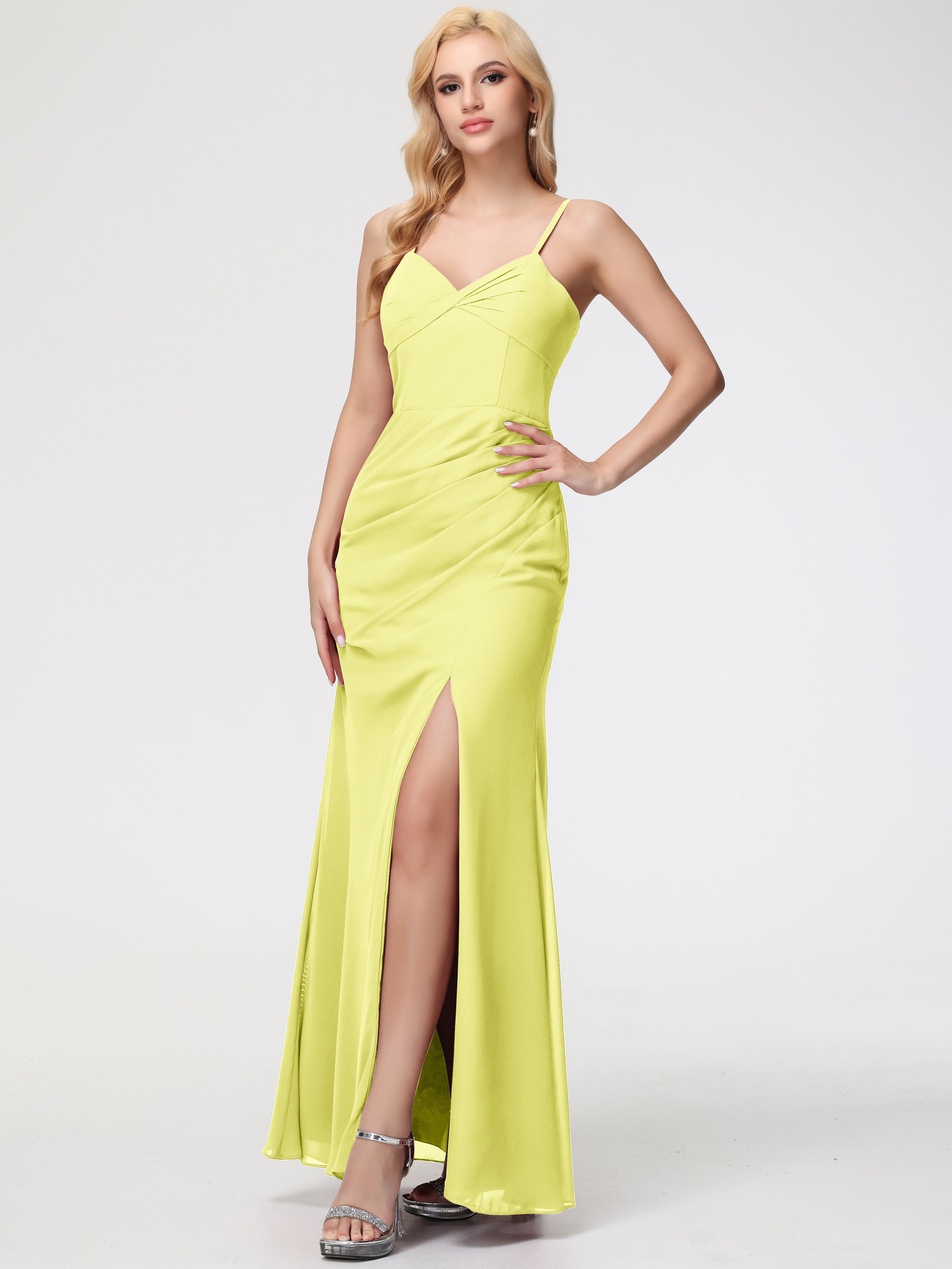 V-Neck Sheath/Column Sleeveless Spaghetti Straps Chiffon Bridesmaid Dresses With Split