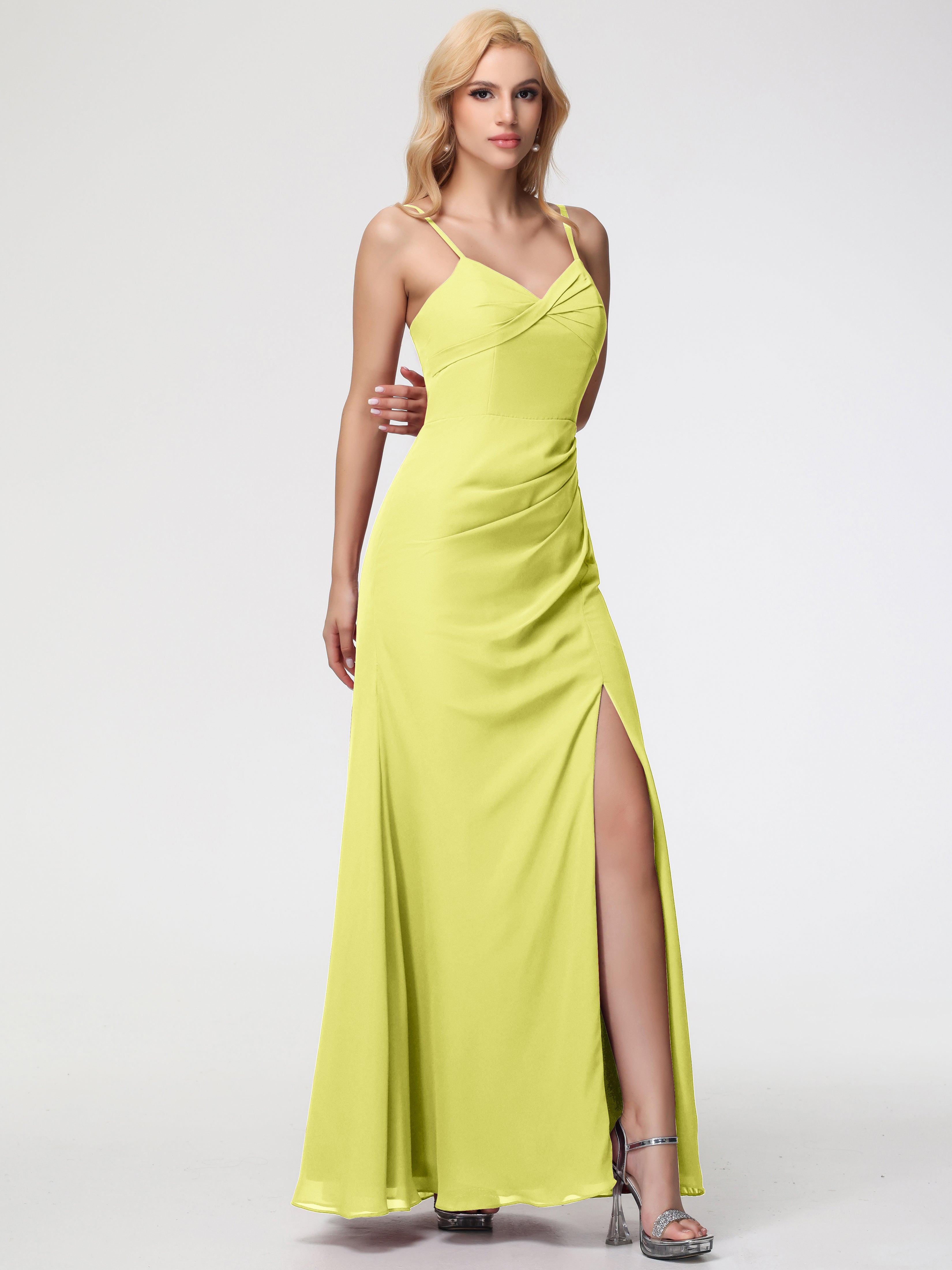 V-Neck Sheath/Column Sleeveless Spaghetti Straps Chiffon Bridesmaid Dresses With Split