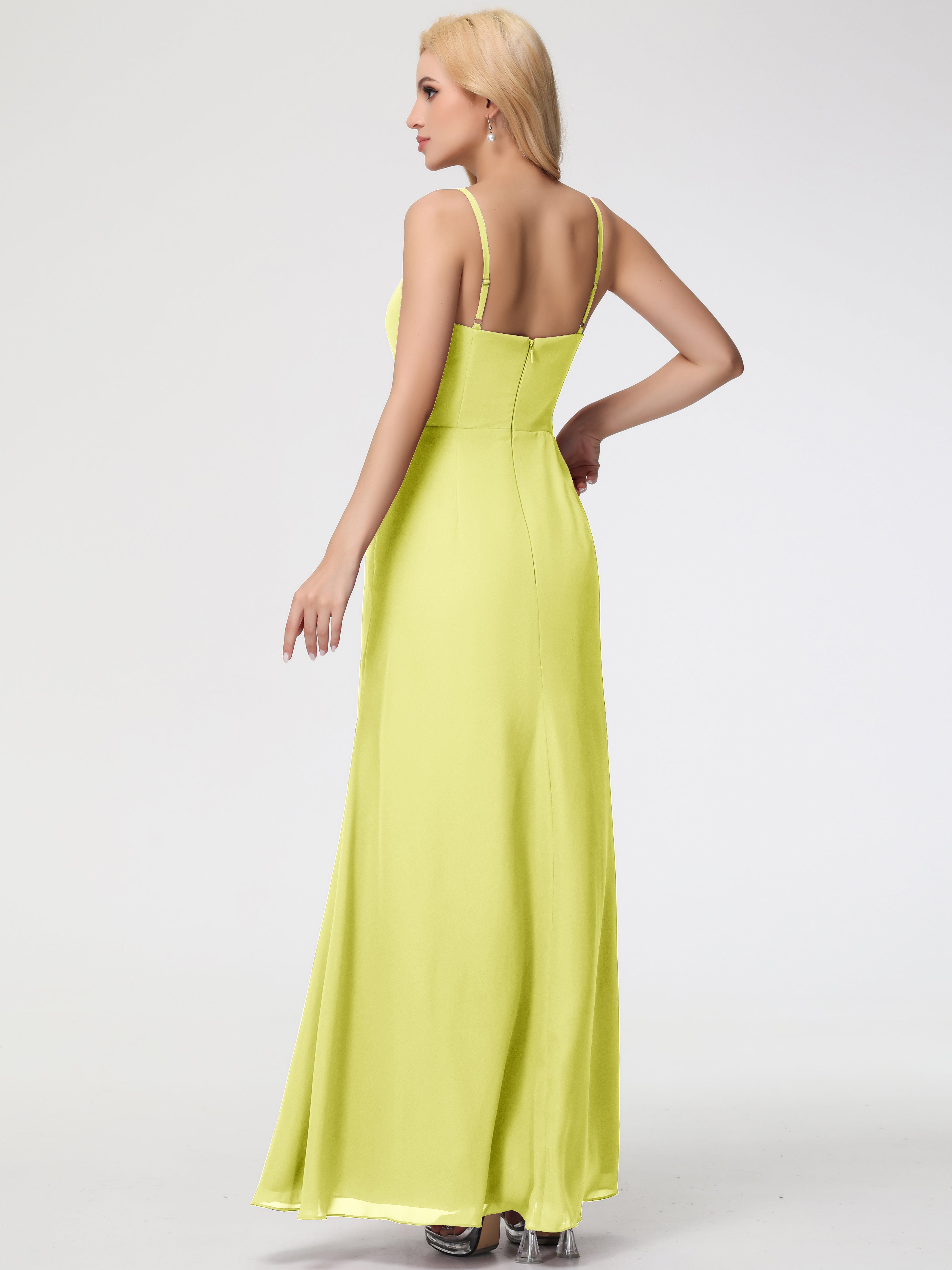 V-Neck Sheath/Column Sleeveless Spaghetti Straps Chiffon Bridesmaid Dresses With Split